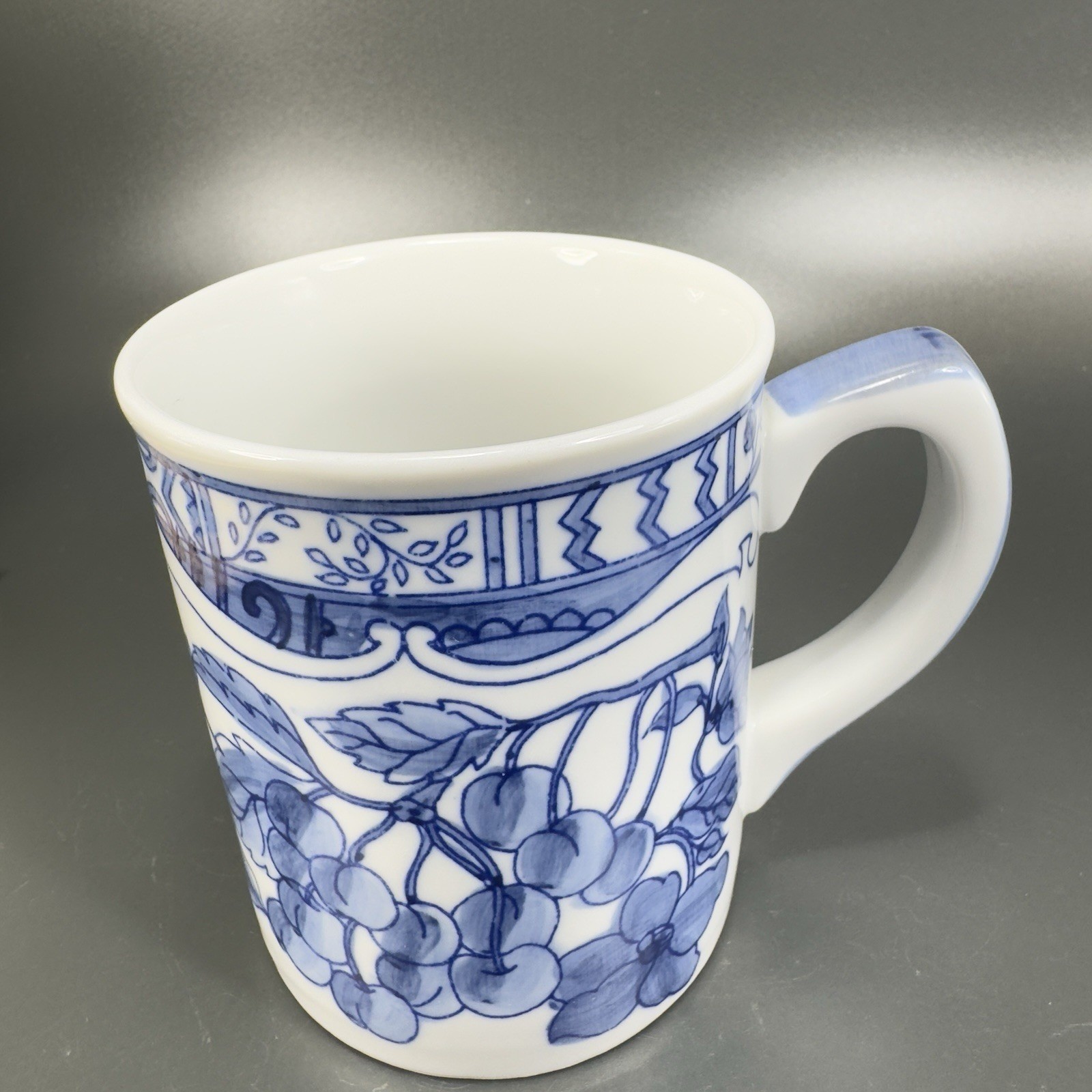 1995 Jardin Blue Cardinal Ceramic Coffee Mug Cup Set 2 Blue White Fruit Cherry