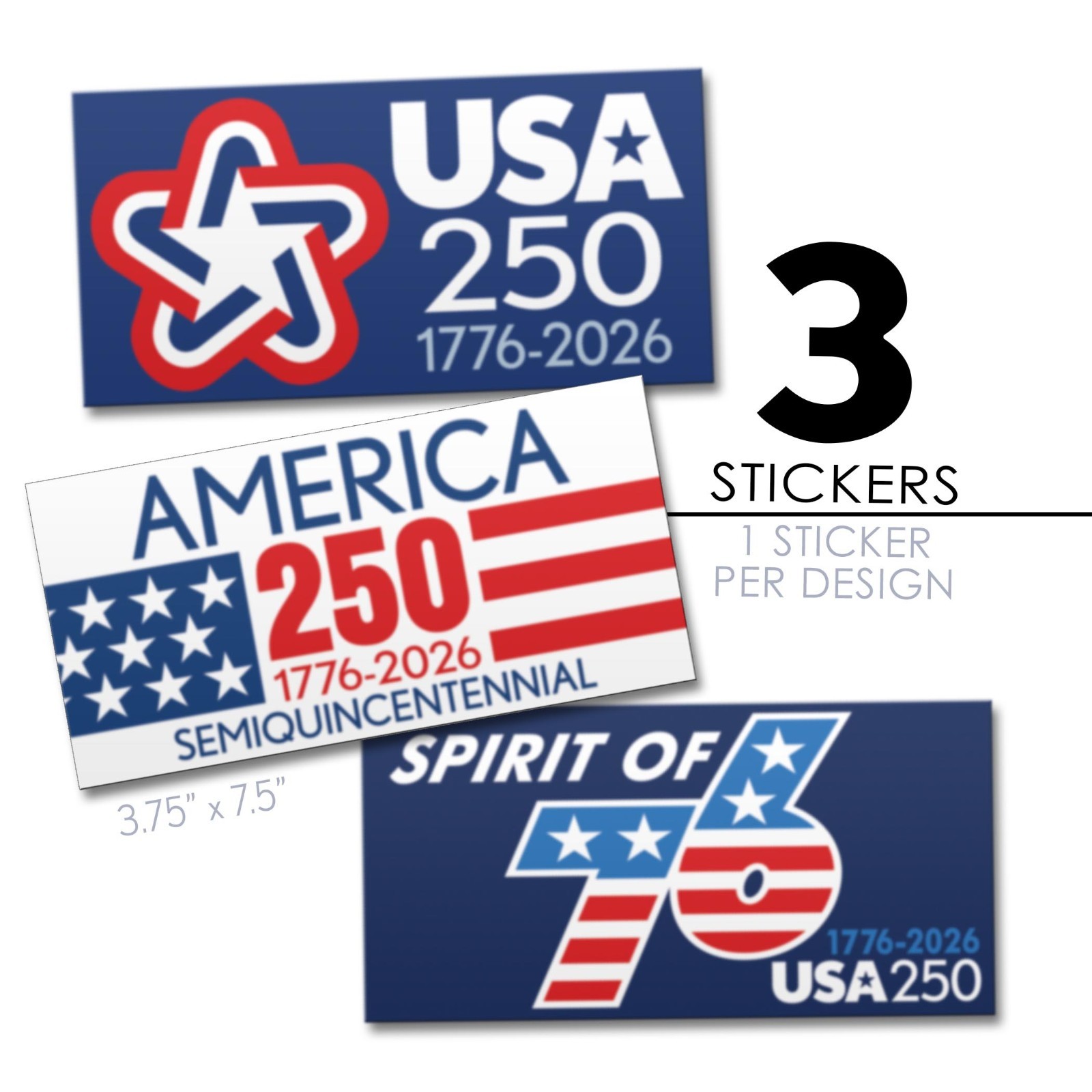 USA Bumper Stickers – 3 Designs – America, Semiquincentennial, 250 Freedom