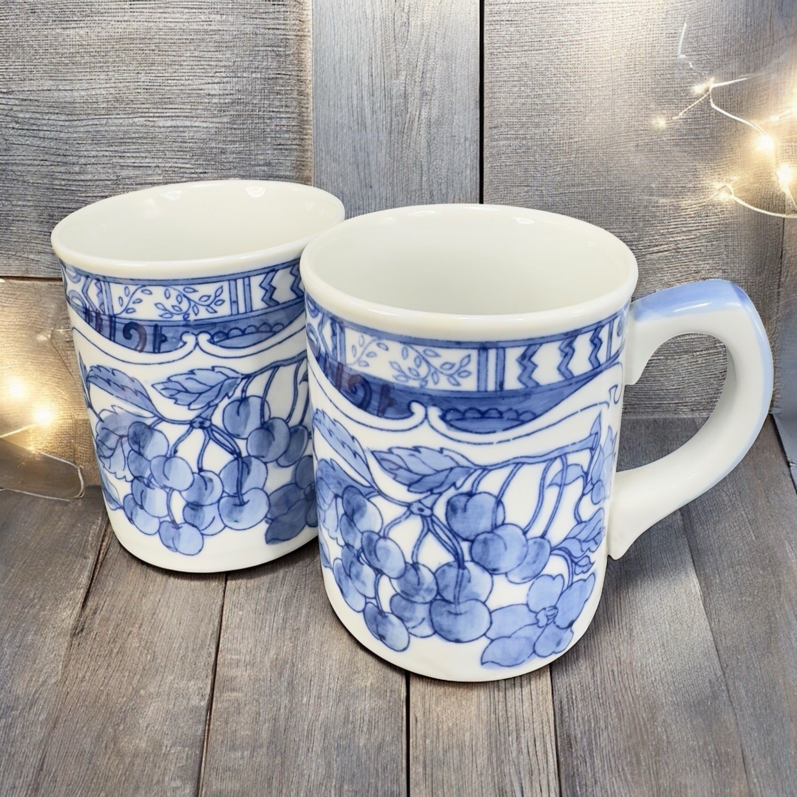1995 Jardin Blue Cardinal Ceramic Coffee Mug Cup Set 2 Blue White Fruit Cherry