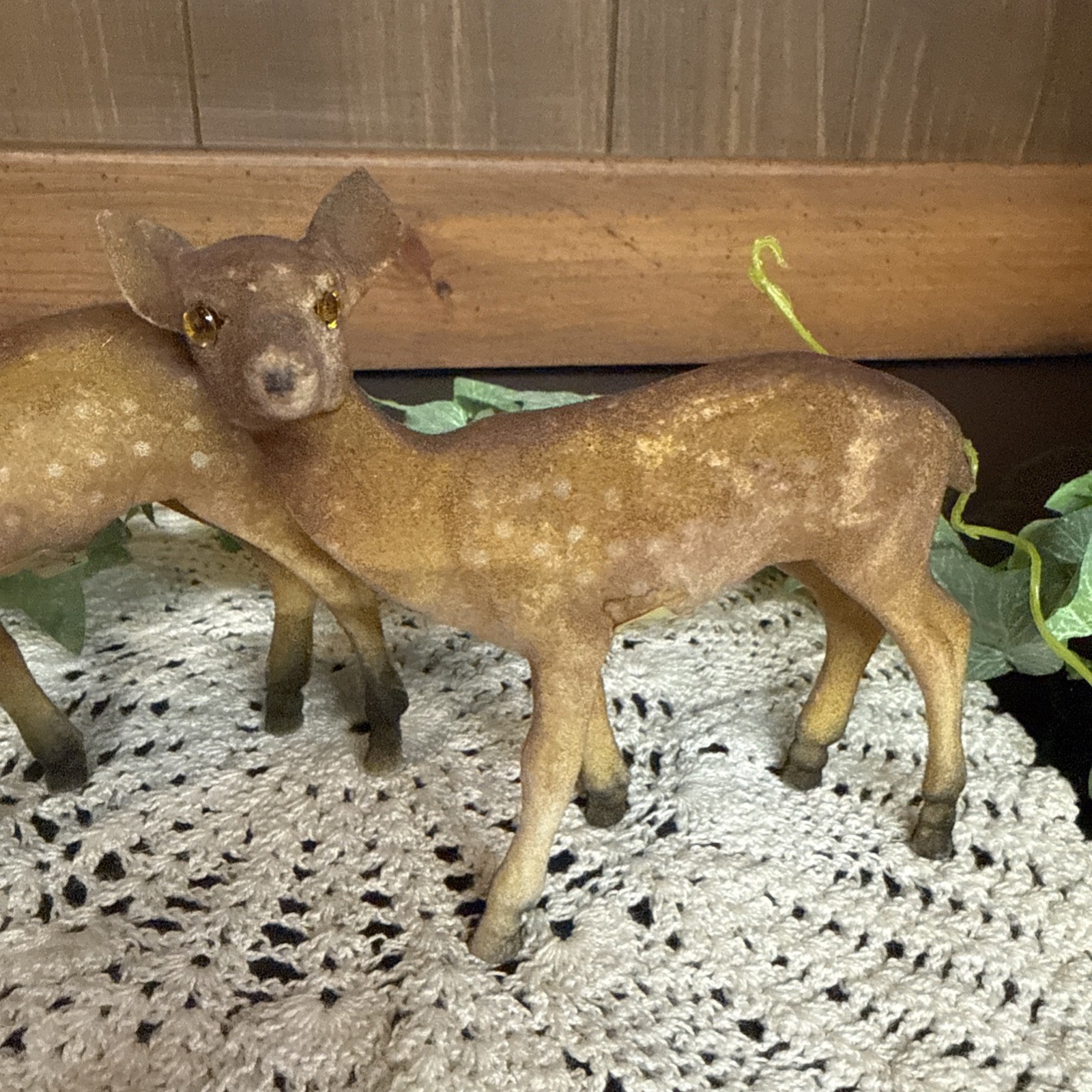Vintage Flocked Deer Does Velvet/Felt Amber Glass Eyes Decor Hong Kong Set Of 2