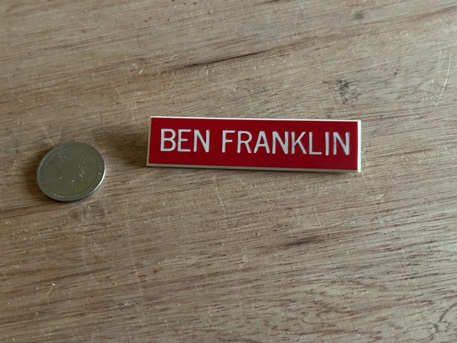 Ben Franklin Store Employee Badge Pin Vtg Plastic 3/4″ x 3″ Scarce Advertising