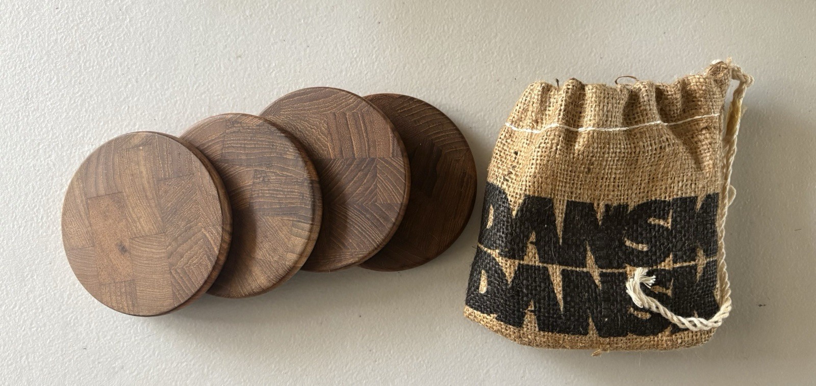 4 DANSK Teak Wood Drink Coasters Jute Burlap Bag Danish Modern Denmark MCM Round