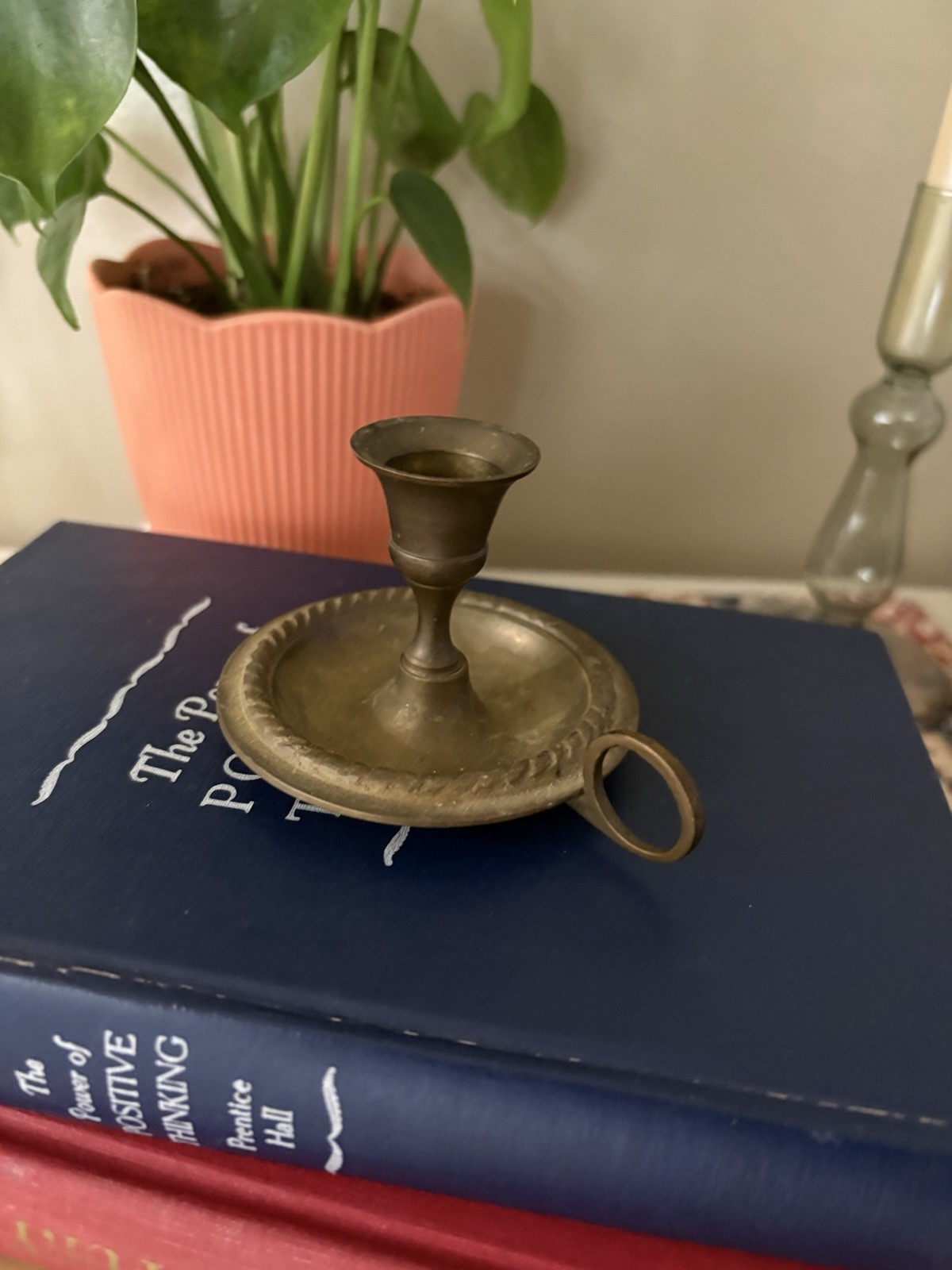 Antique Brass Chamber Stick Candlestick Finger Loop Handle Cottagecore Decor
