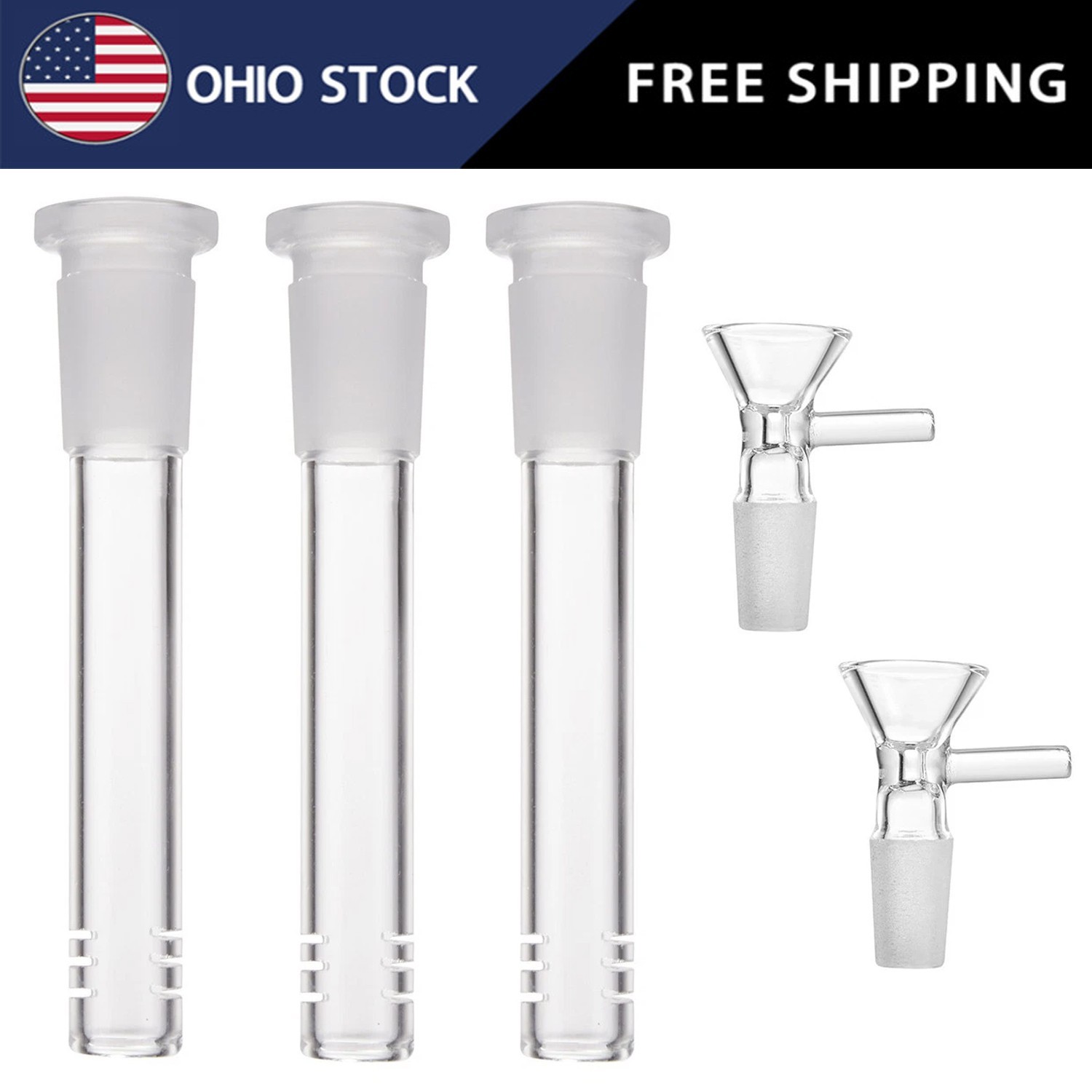 3-Pack 4.3“ 14mm Glass Downstem and 14mm Male Bowl Piece for Glass Bong-US SHIP
