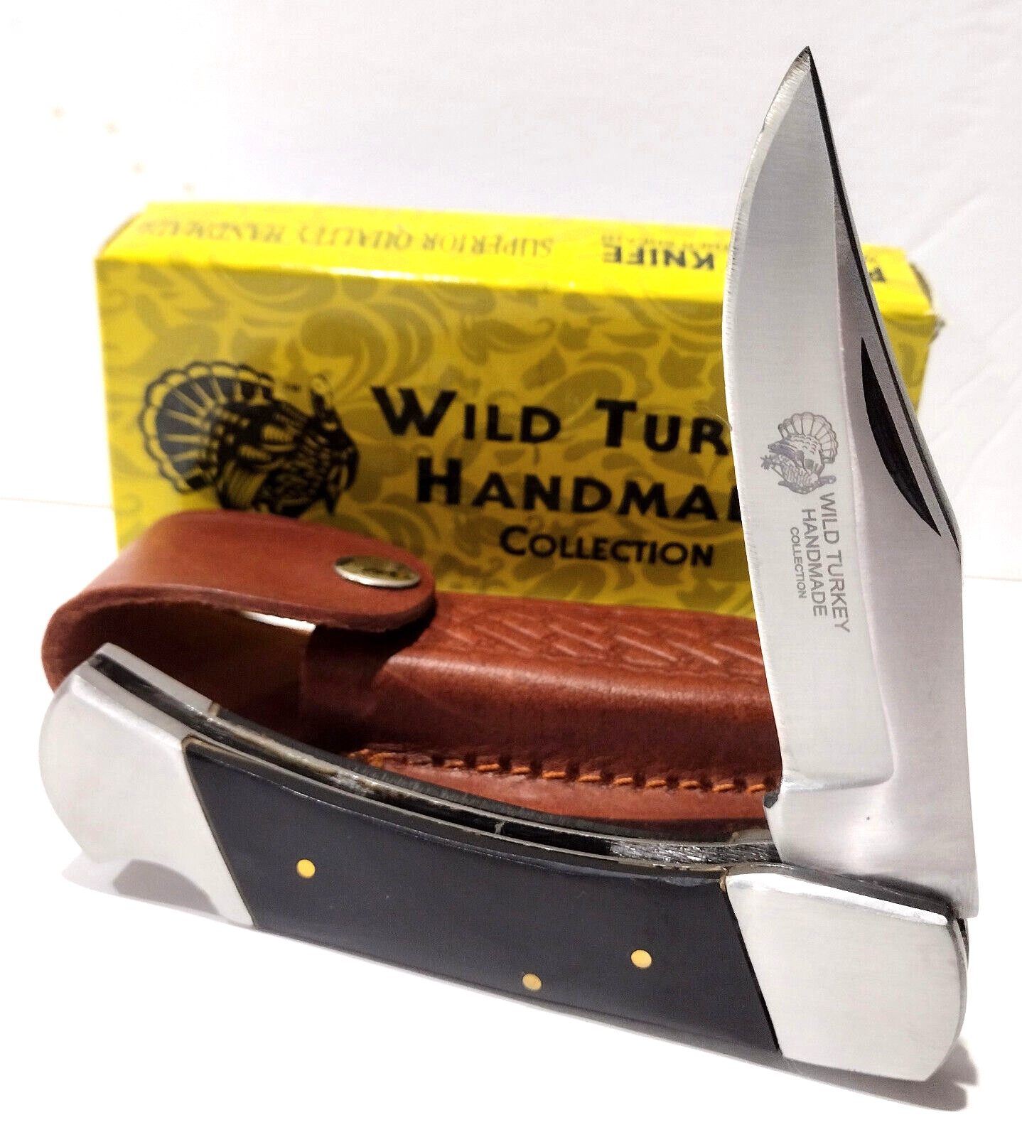 9″ Wild Turkey Smooth Black Bone Lockback Hunting Folding Pocket Knife + Sheath