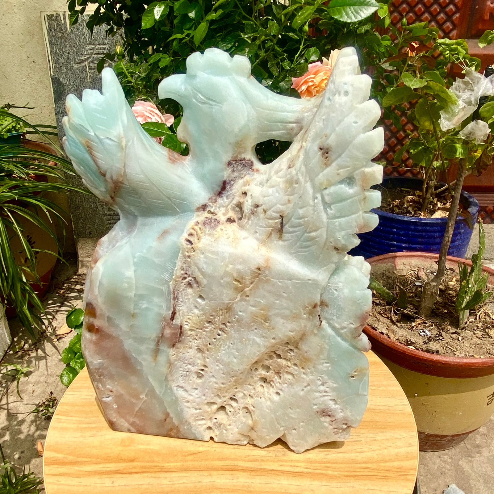 6.61LB Natural blue patterned carved phoenix ornament