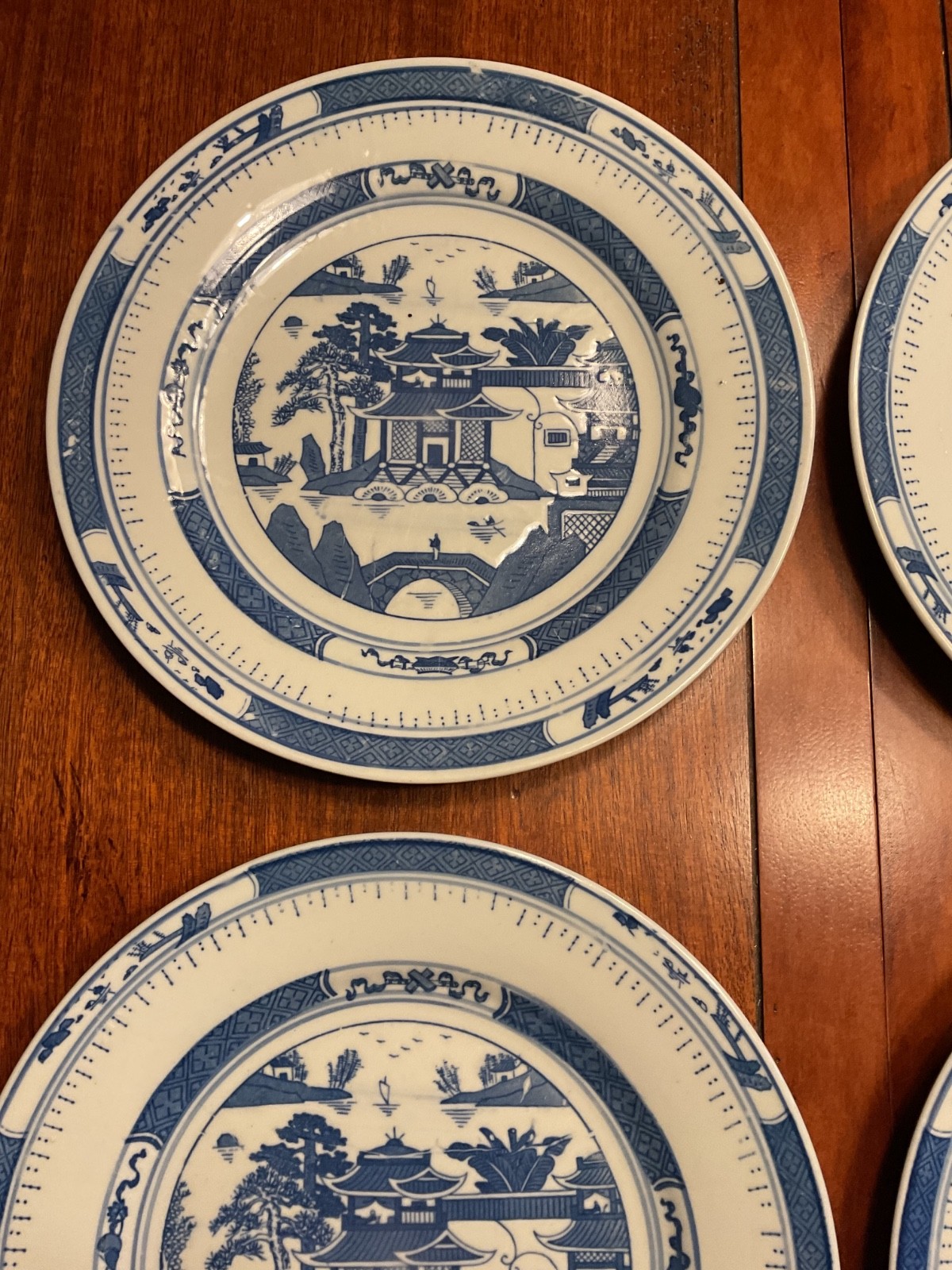 Chinese Blue & White Canton 4 Dinner Plates Jingdezhen Peoples Porcelain Factory