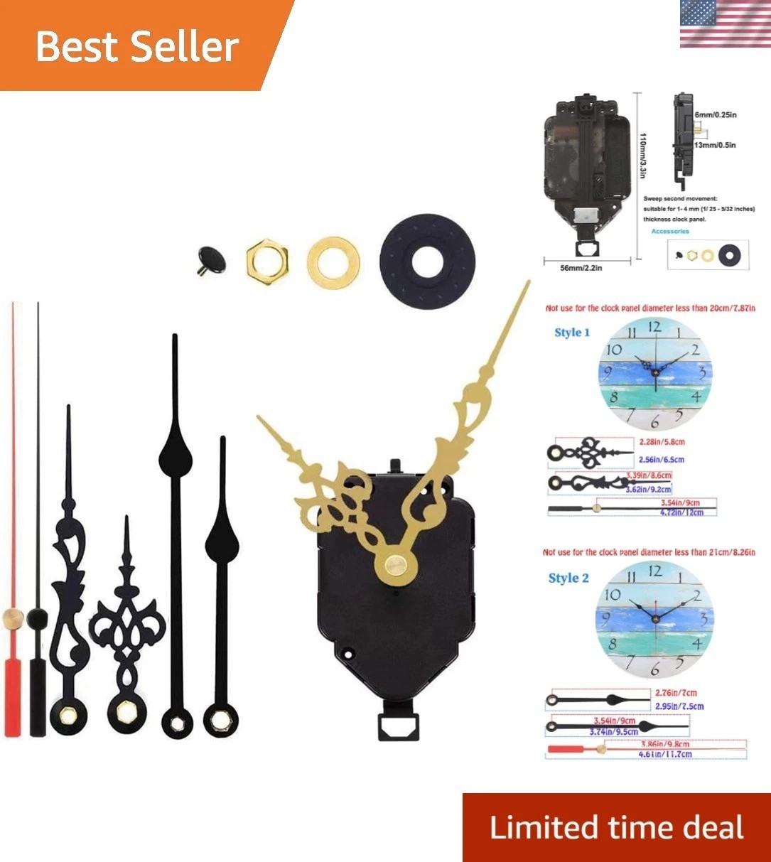 Versatile DIY Wall Clock Movement – Non-Ticking Quartz, 3 Hand Styles Included