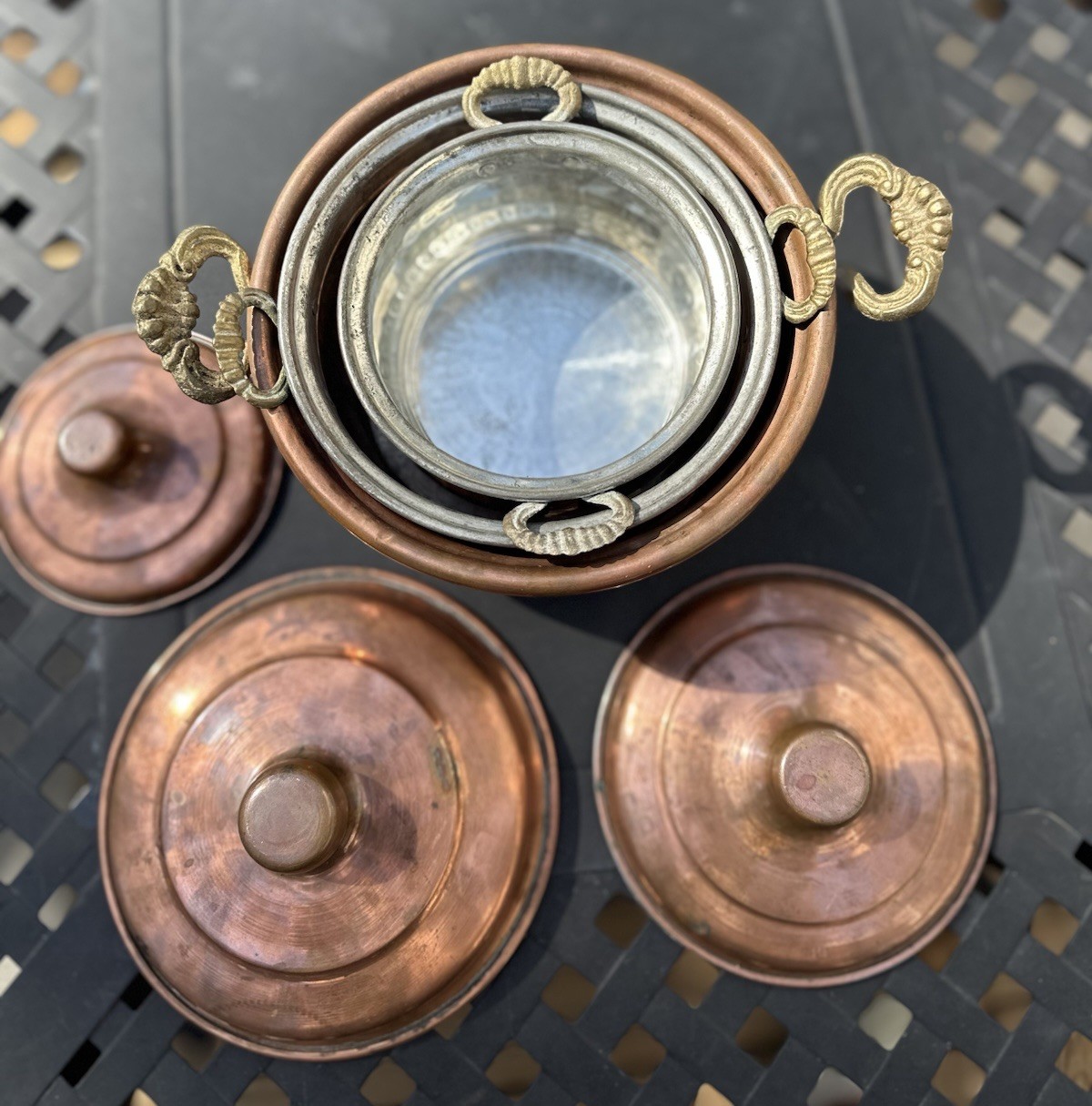 Turkish Copper Lidded Pots Set of 3 Brass Handles Decorative Kitchen Display