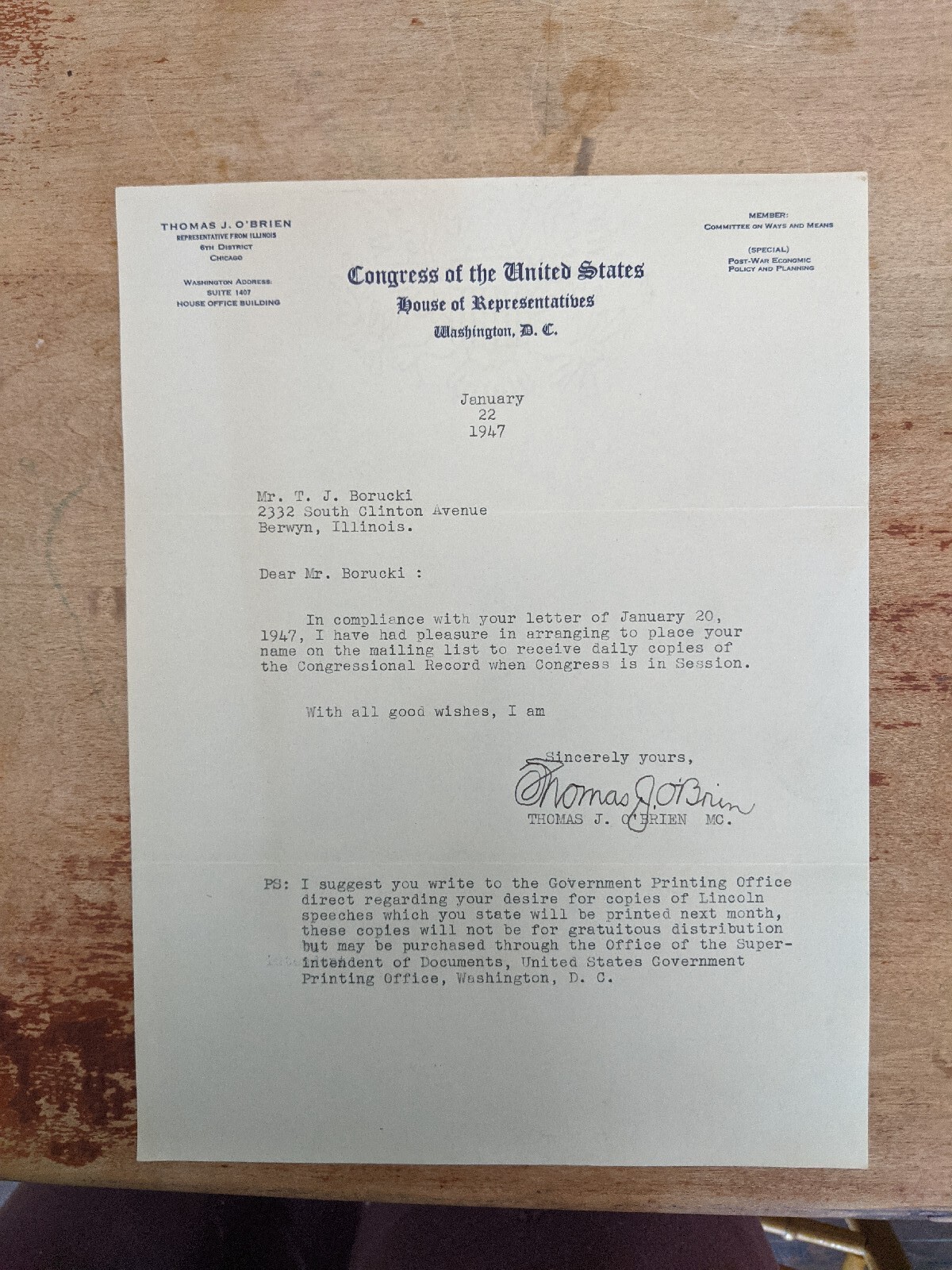 Congress of the United States House Of Representatives 1947 Letterhead . Used