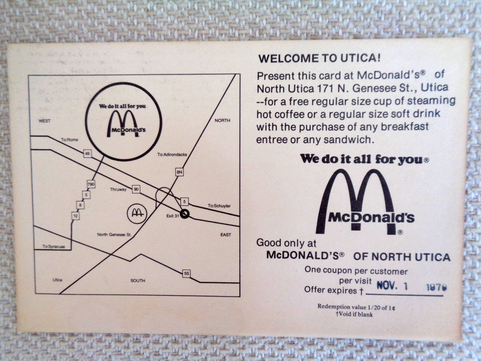 McDonald’s 1979 „Free Coffee/Soft Drink“ Post Card