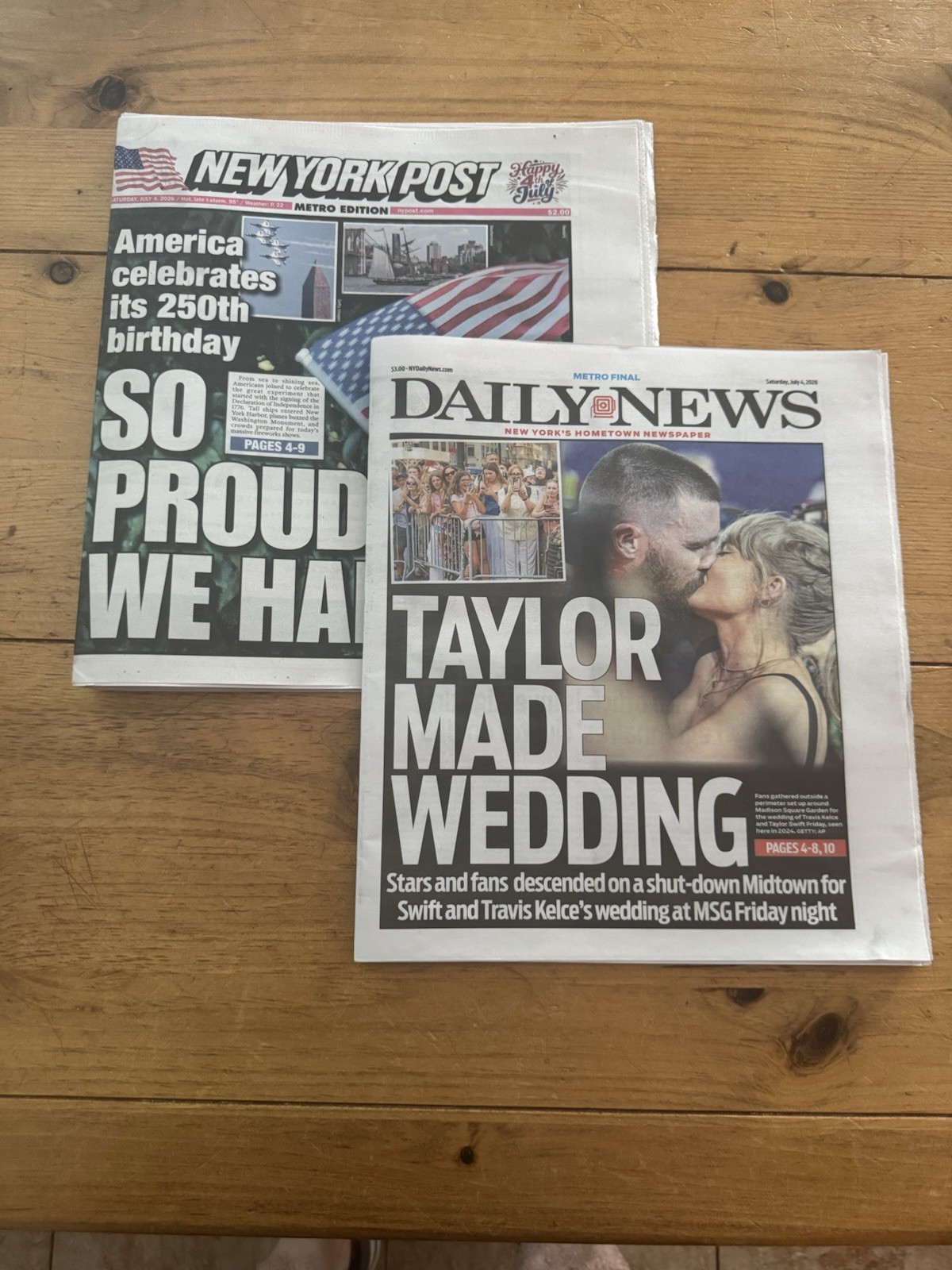 July 4 2026 NY Daily News & NY Post Taylor Swift Wedding USA 250 Newspapers