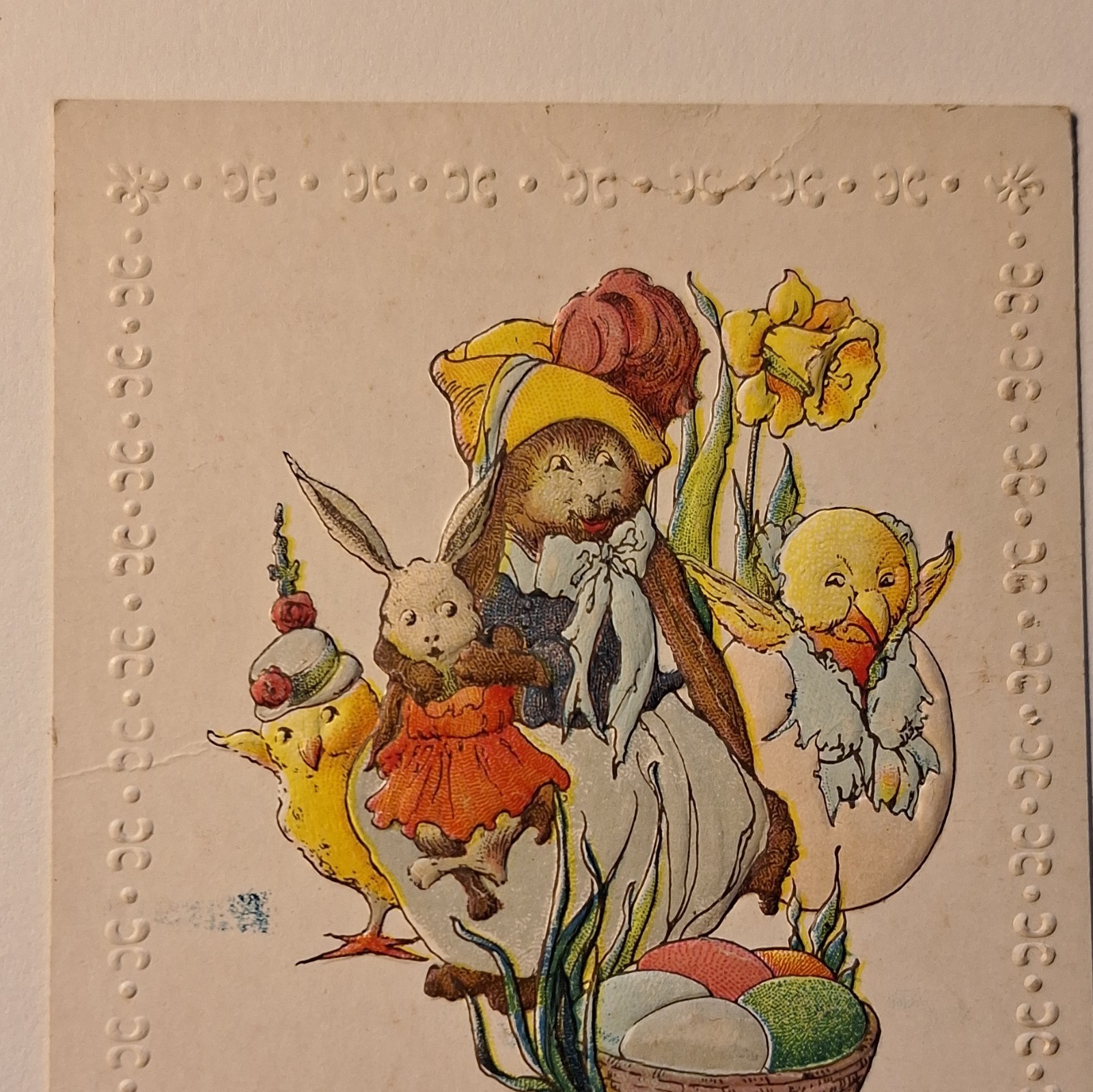 Embossed Easter Postcard Bunnies & Chicks Multicolor Paper E-102