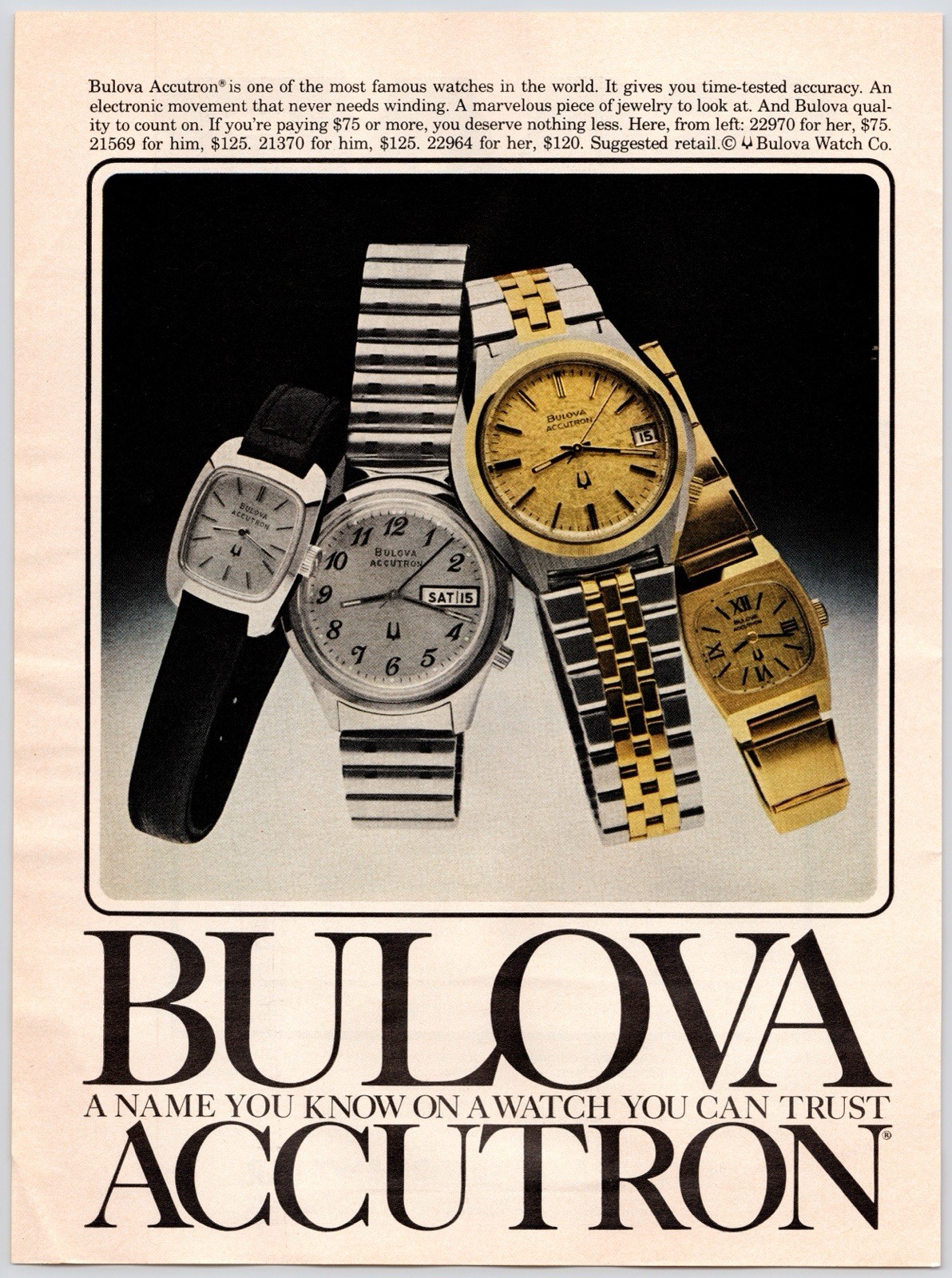 Bulova Accutron Wrist Watch Silver Gold Fashion Wall Art Vintage Print Ad 1970s