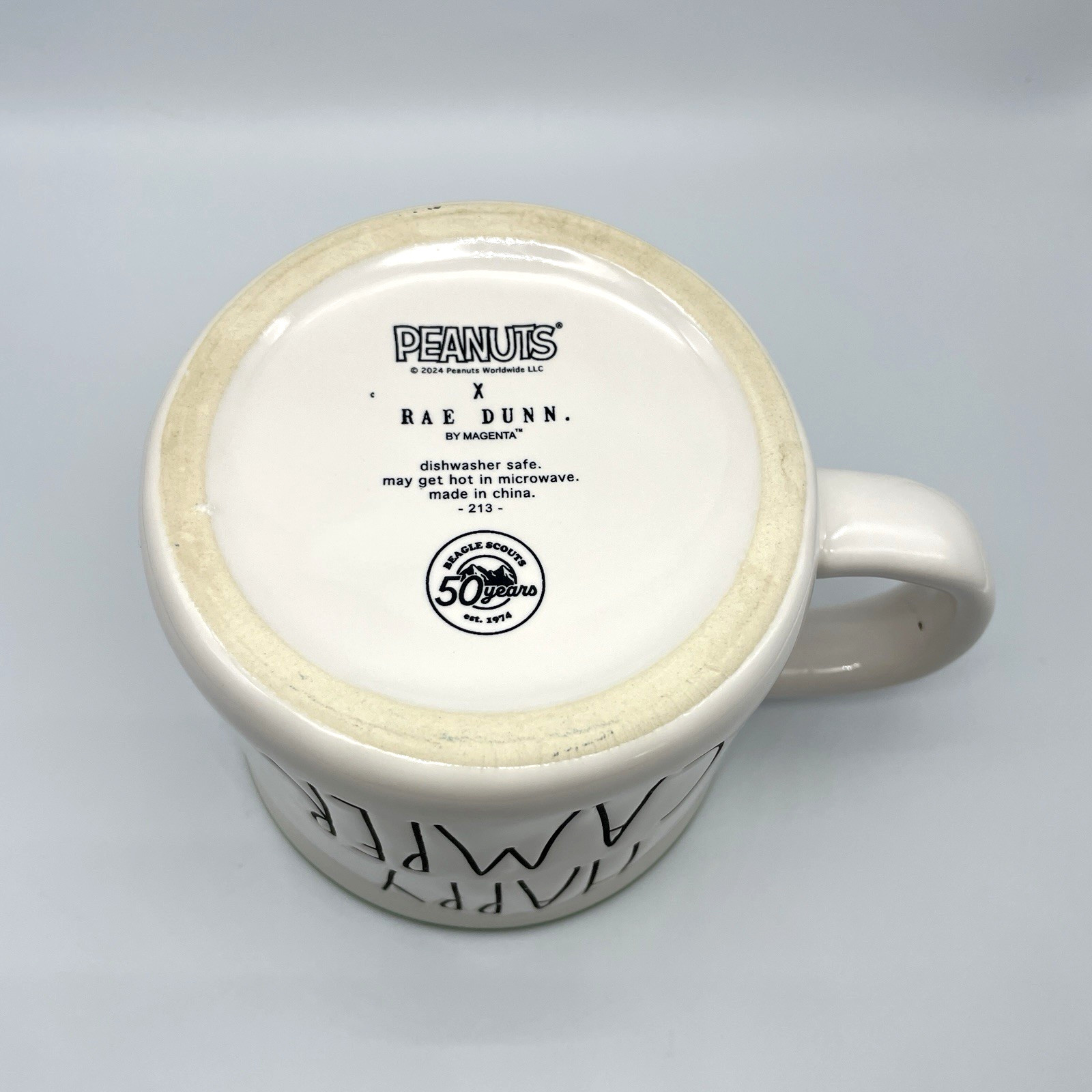 Rae Dunn Peanuts Snoopy & Woodstock “HAPPY CAMPER” Scouts 50th Anniversary Mug