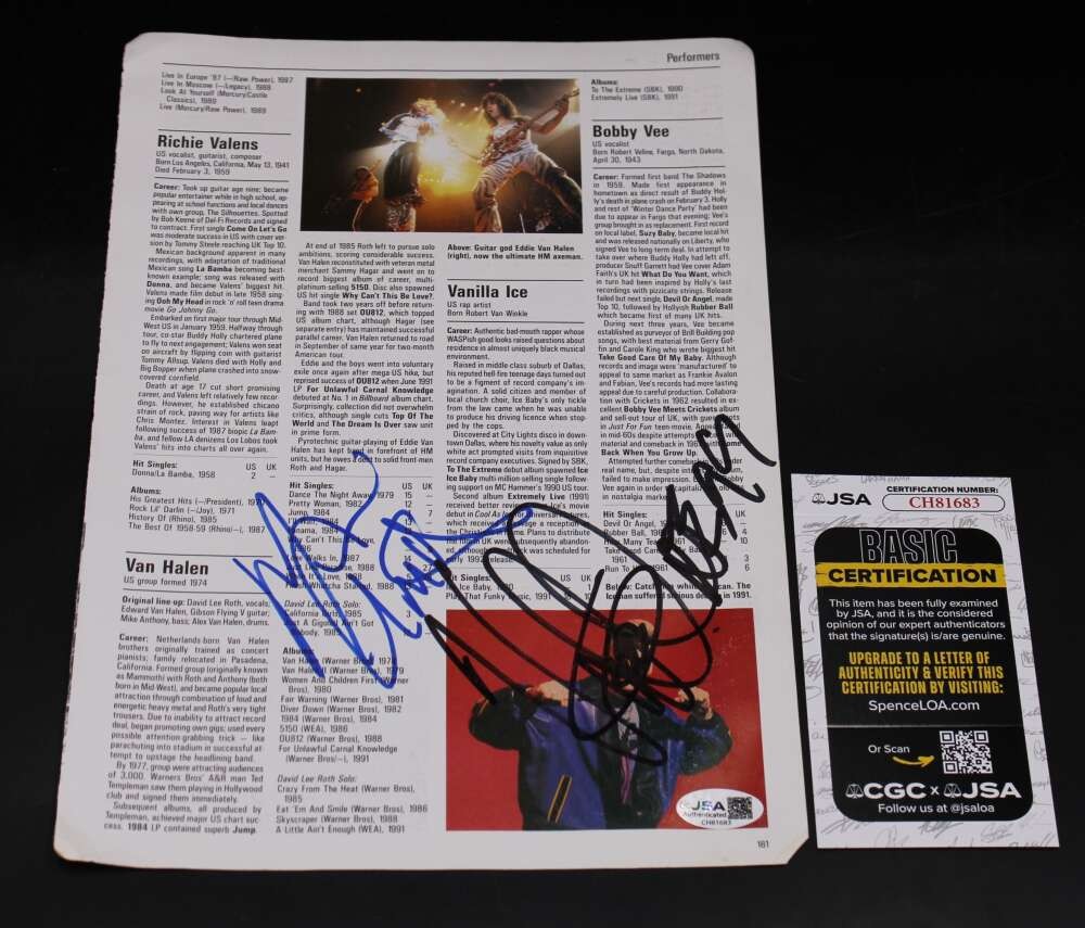 Vanilla Ice/Michael Anthony/Suzanne Vega Signed Page Autograph JSA COA ZJ20008