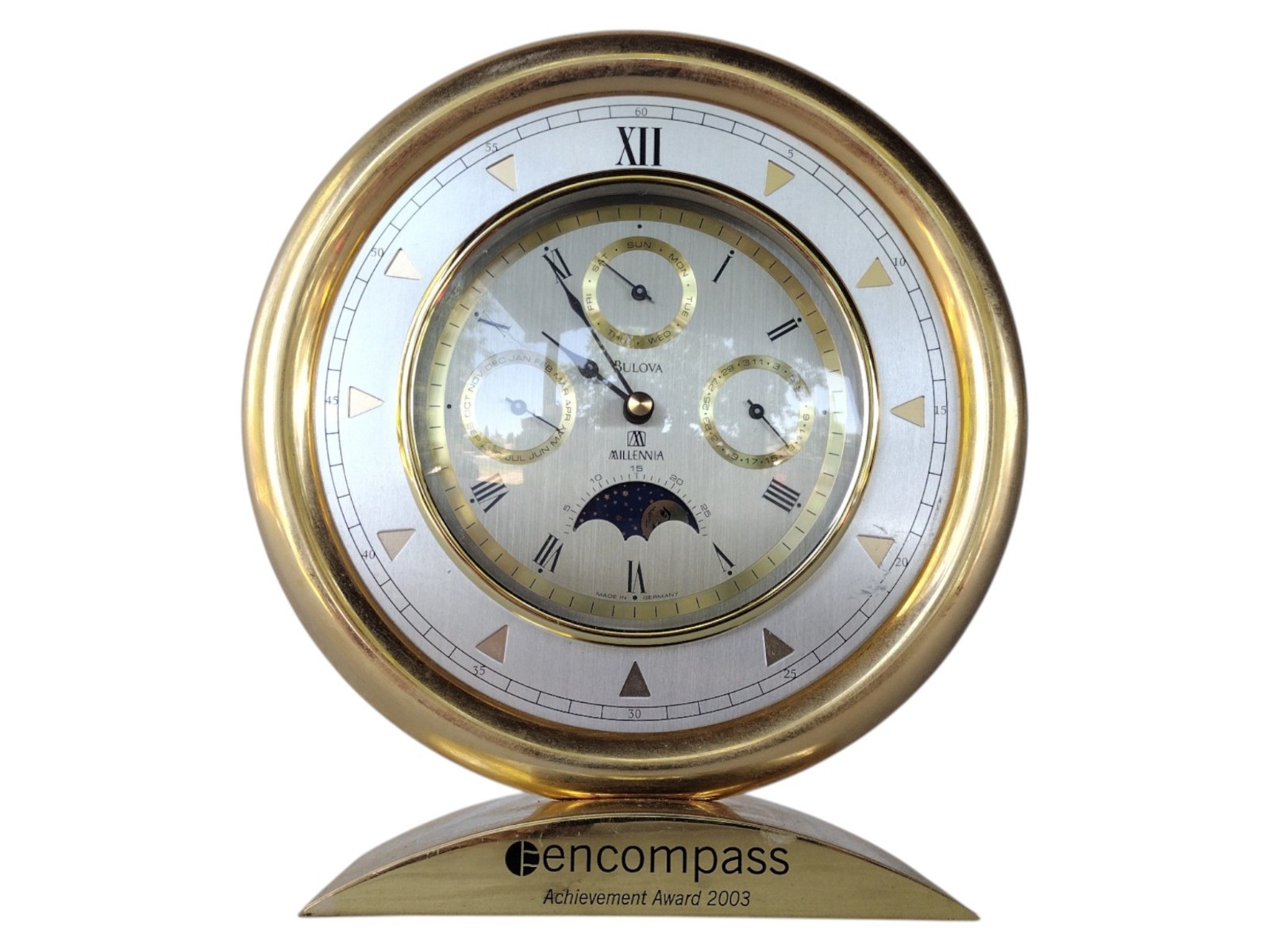 Bulova Millennia Perpetual Calendar Desk Clock Moon Phase Hermle Quartz Germany