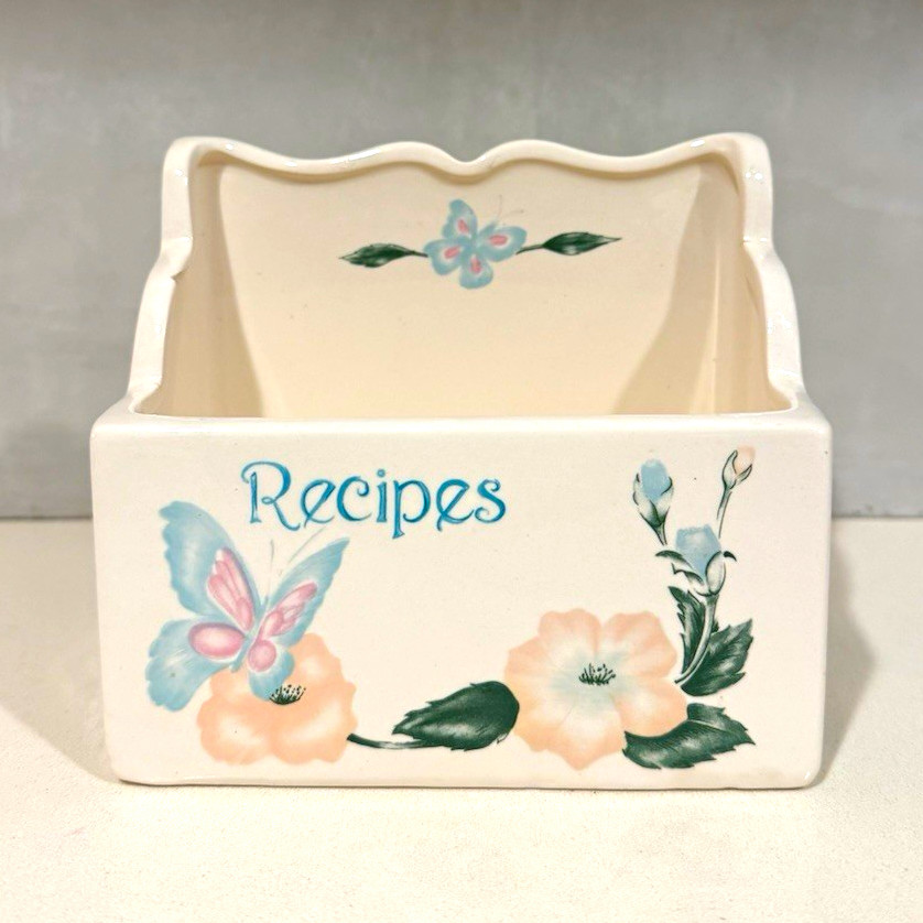 Vintage Ceramic Floral Butterfly Recipe Box Holder