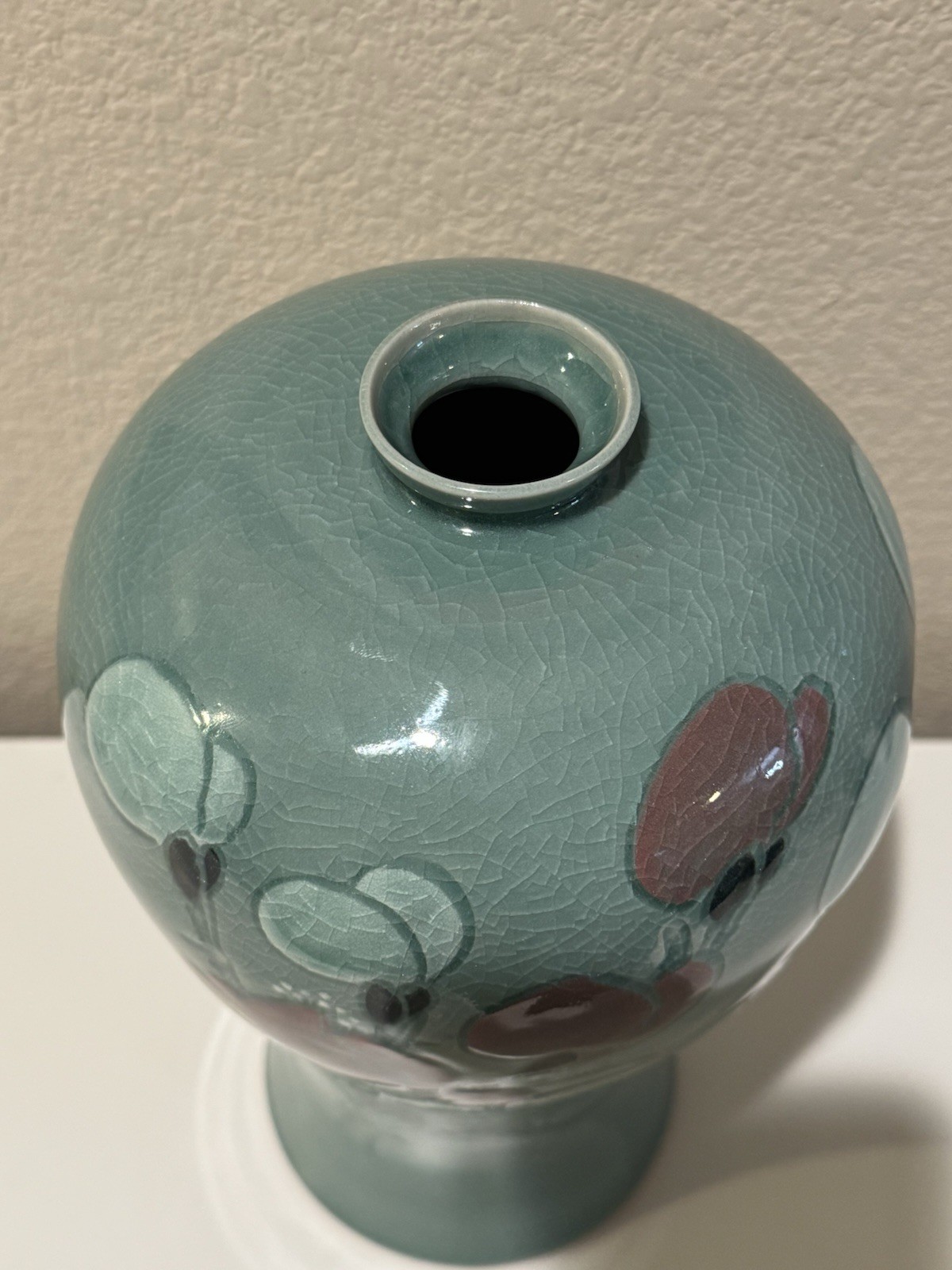 VTG Chinese Longquan Celadon Meiping Crackle Glaze Vase 10.5” Tall Floral Motif