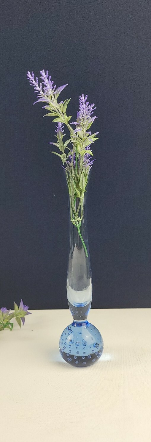 Hand Blown Glass Blue Bubble Art Glass Bud Vase 8.75″ Tall,
