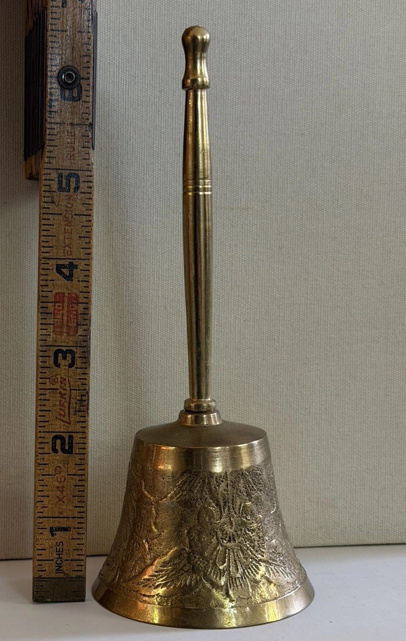 Vtg India Brass Hand Bell Floral Embossed Decorative Bell 7″ Slender Handle