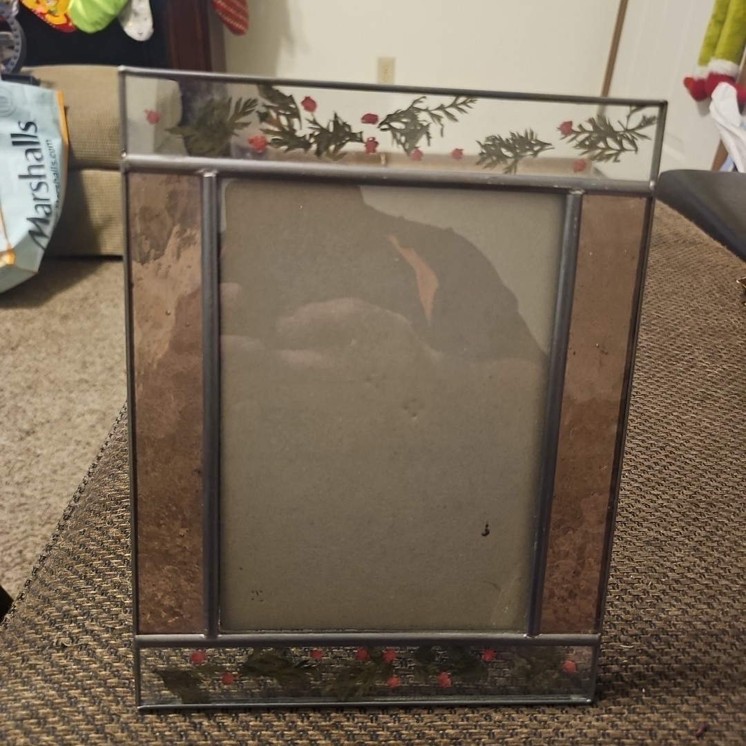 Vtg Leaded GlassFrame 7.5×9.5 Pressed Dried Flowers 5X7 PhotoStained Glass Sides
