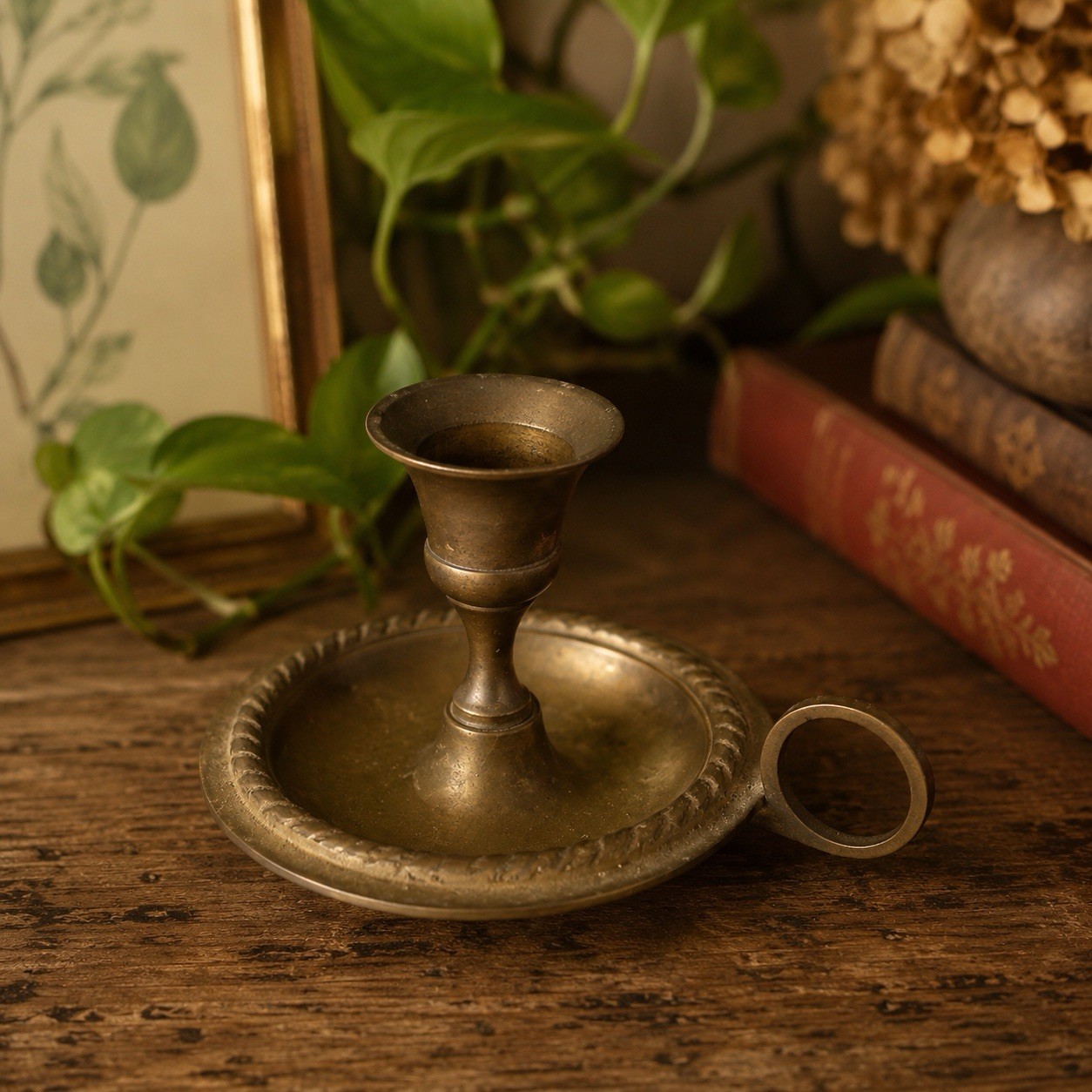 Antique Brass Chamber Stick Candlestick Finger Loop Handle Cottagecore Decor