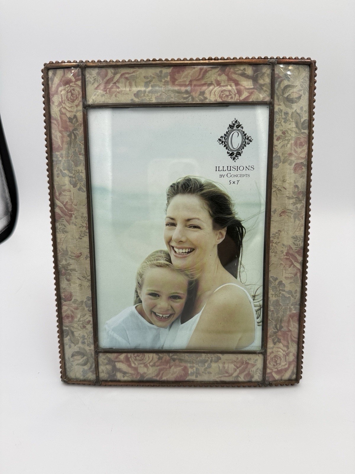 Photo Frame 5×7” Floral Pink Roses Inlay Leaded Glass Easel Back Cottage Core