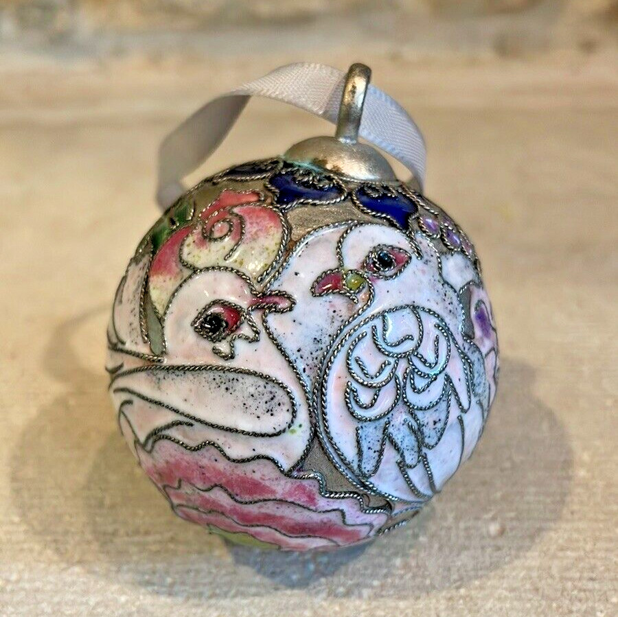 Vintage Nyco Cloisonne Christmas Ball Round Ornament Turtle Doves Silver Enamel