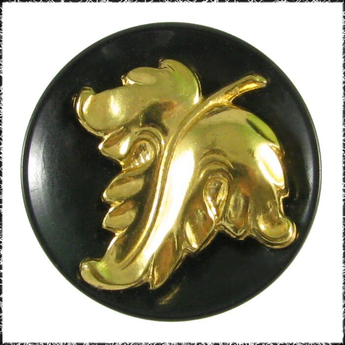 Vintage Black Plastic Button w/ Yellow Metal Leaf Escutcheon