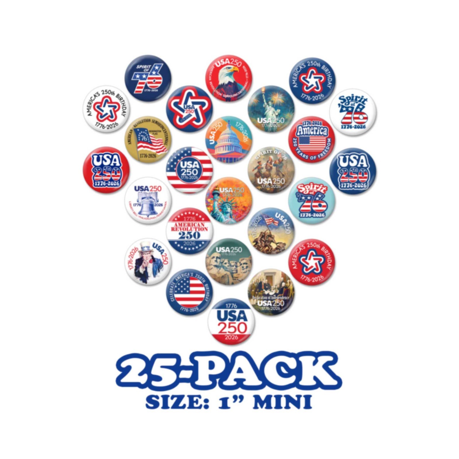 25-pack MINI Buttons — USA America, Semiquincentennial, 250 Freedom