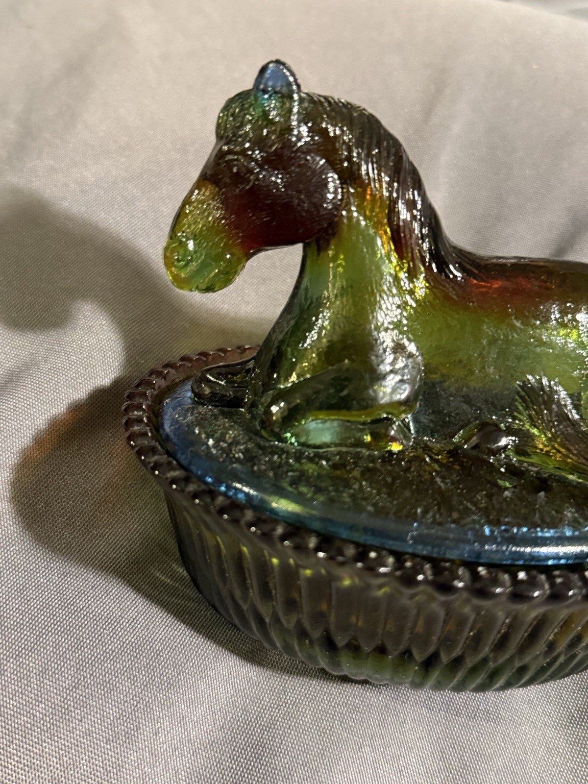 Vintage Rubina Nesting Horse on Nest Iridescent Multi Color Carnival Art Glass