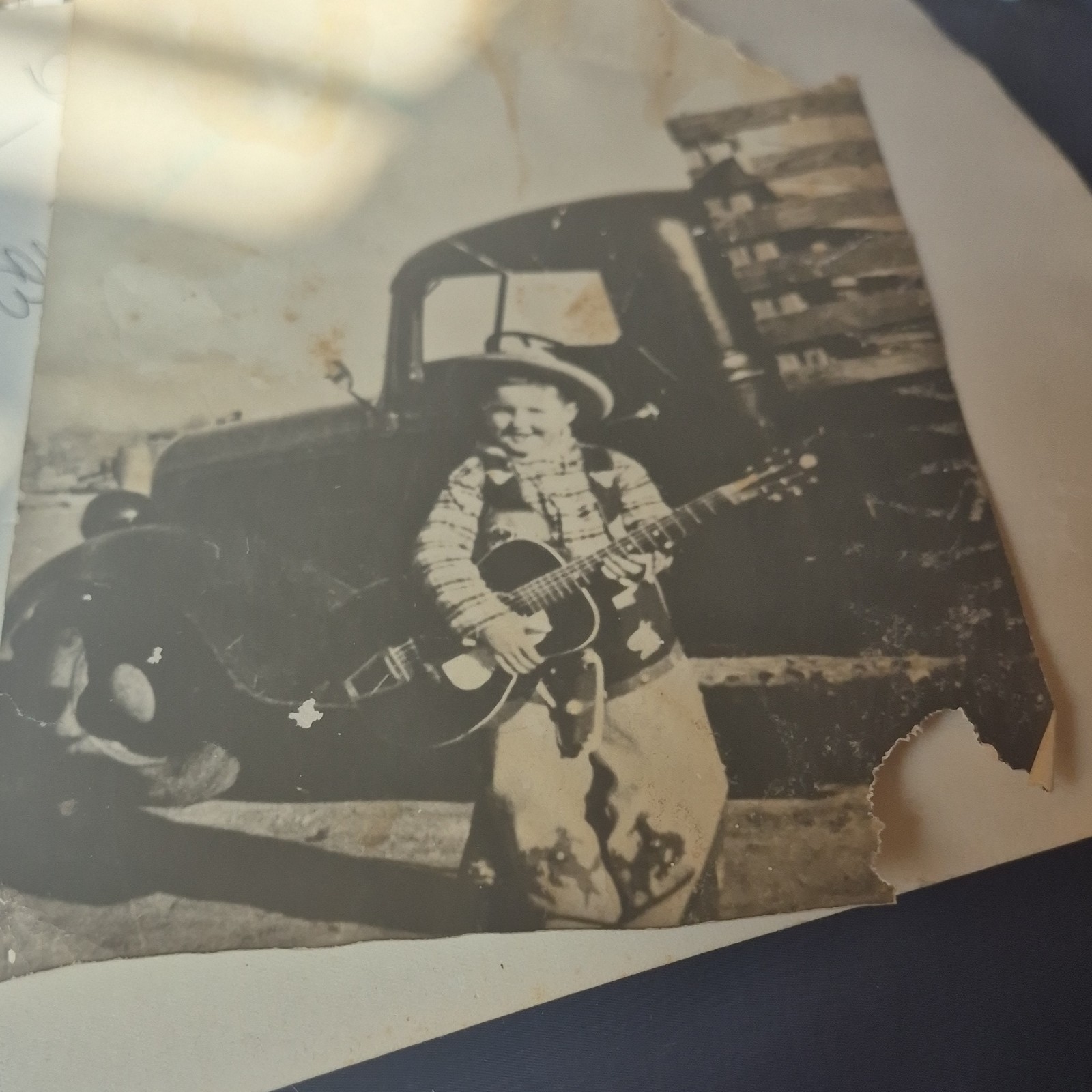 Vintage Black & White Landscape Photograph Man Musician w/ Guitar by Truck