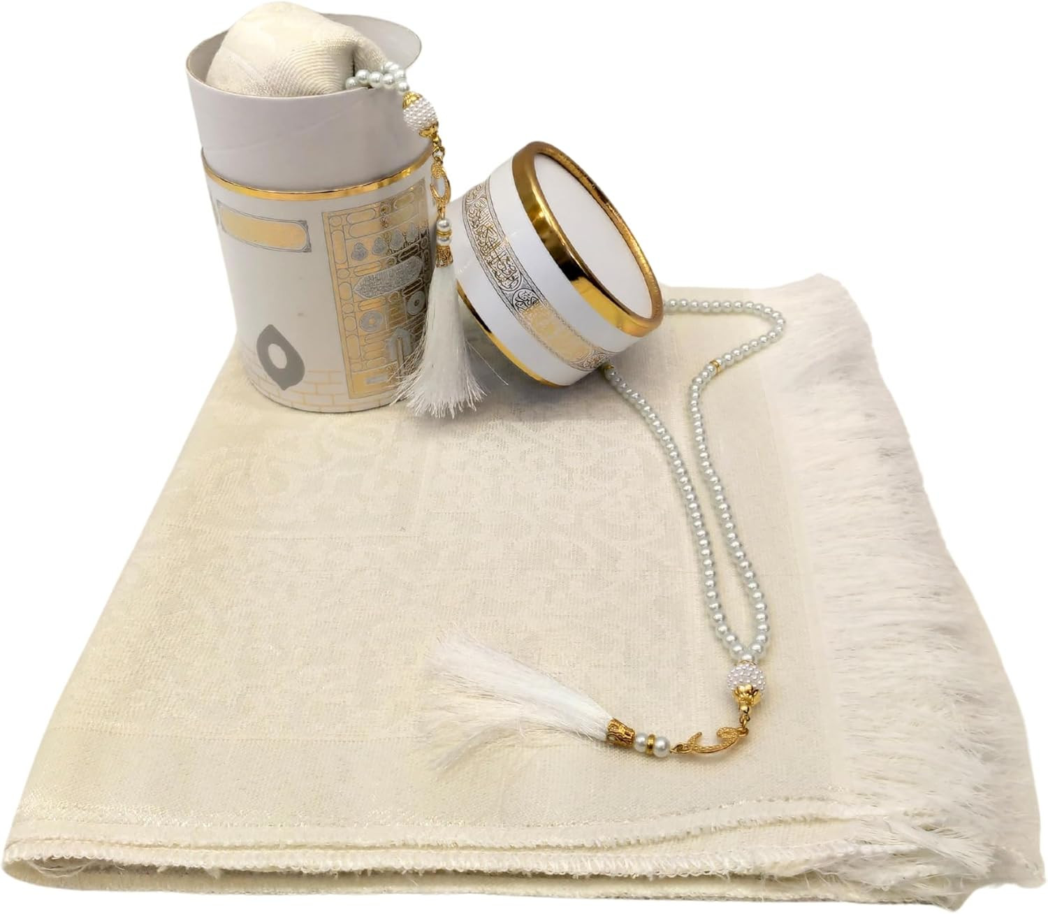 Muslim Prayer Rug and Prayer Beads with Elegant Design Cylinder Gift Box