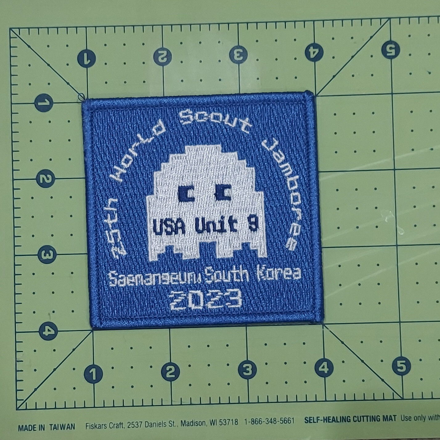 2023 World Scout Jamboree USA Unit 9 Single Patch White Ghost on Blue Square
