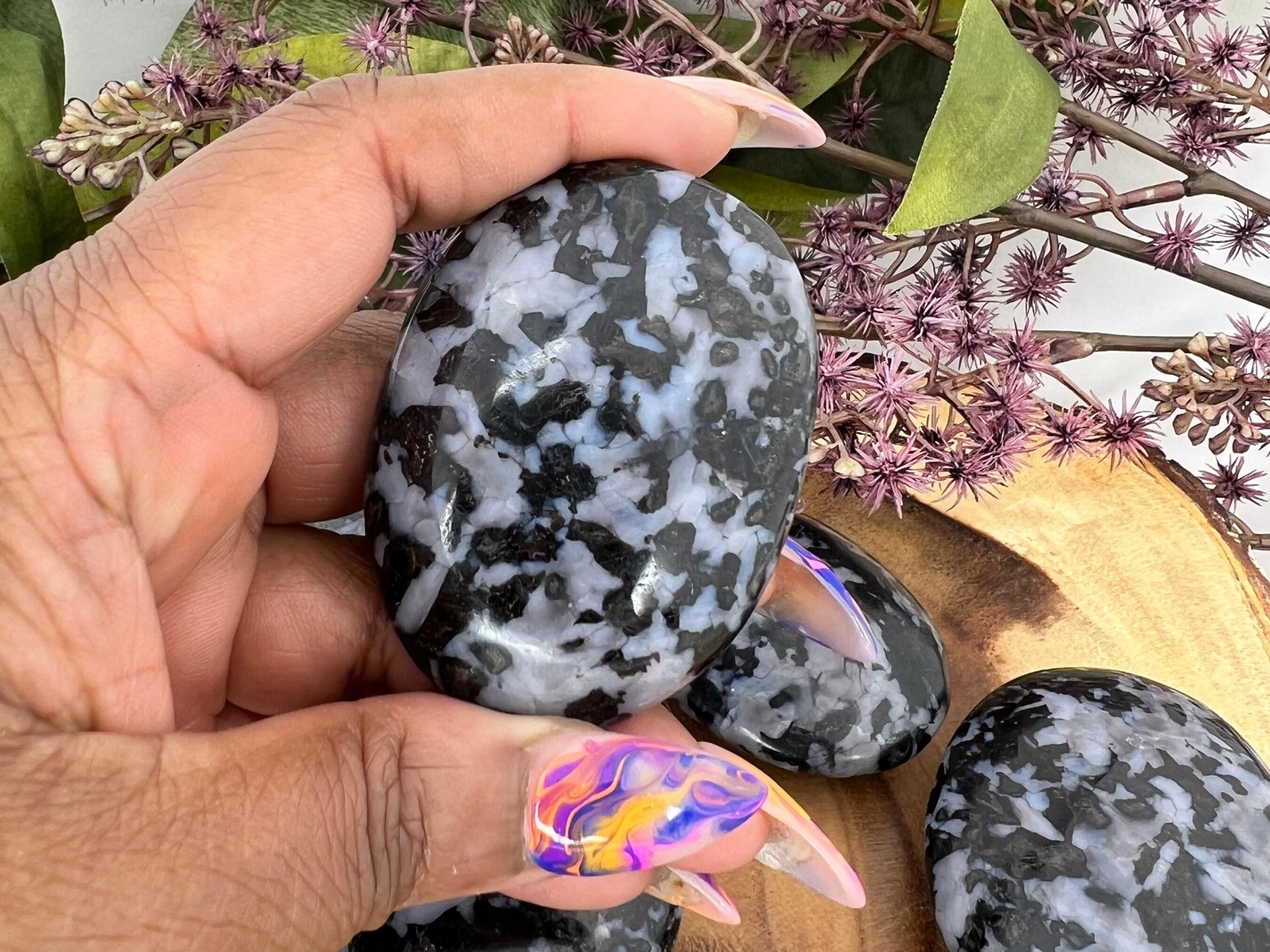 Mystic merlinite palm stone – indigo gabbro palmstone – mystic merlinite
