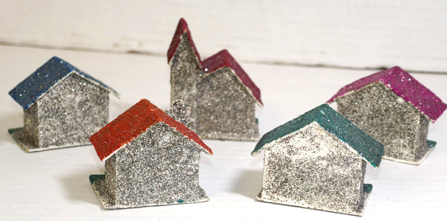Set Of 5 Vintage Mini Putz Village Glitter Houses & Church-Japan Sticker