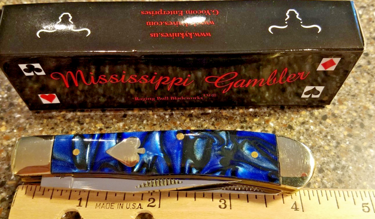 Raging Bull Blade Works, Trapper Blue Celluloid Spade, 4″, 2-Blades, BLEMISH
