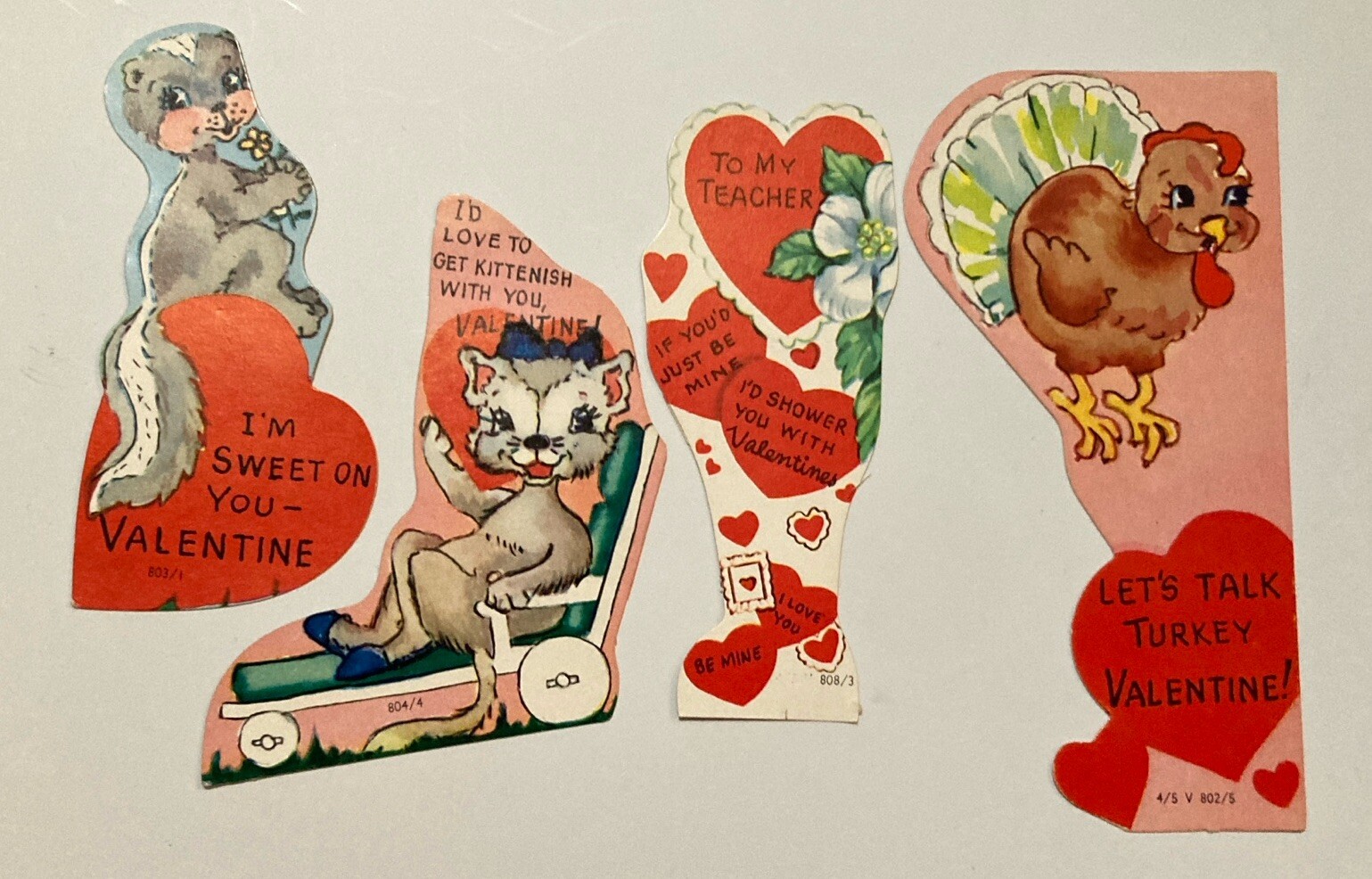 Vintage Valentine Card Lot of 4 Skunk Cat Turkey Flower Let’s Talk Turkey UNUSED