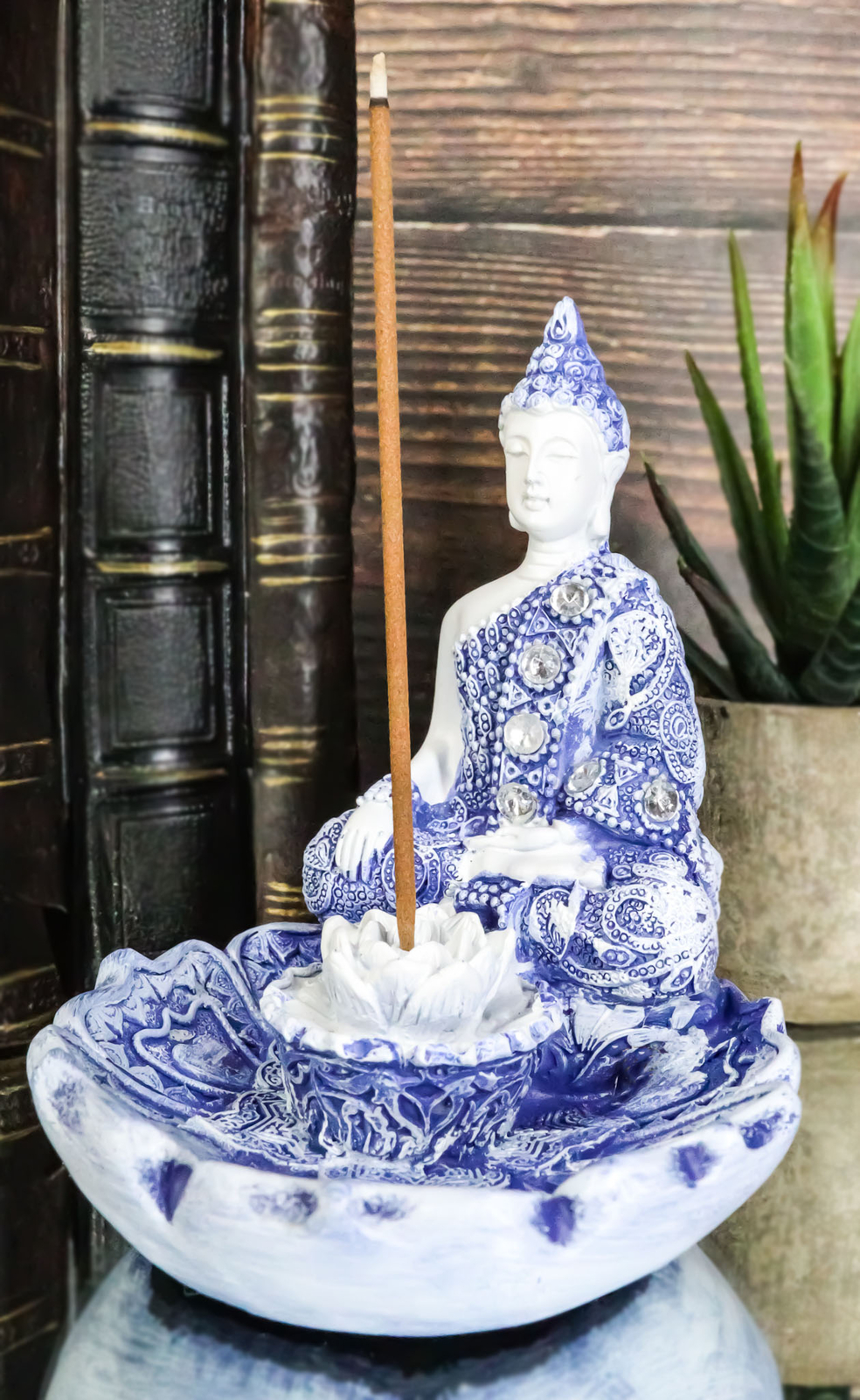 Ebros Meditating Buddha Incense Holder Burner in Terracotta Blue 4.25″ High