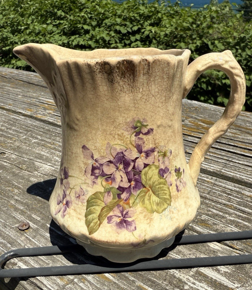 Stained Crazed White Ironstone Small Pitcher Printed Violets Mellor Etruria 5″