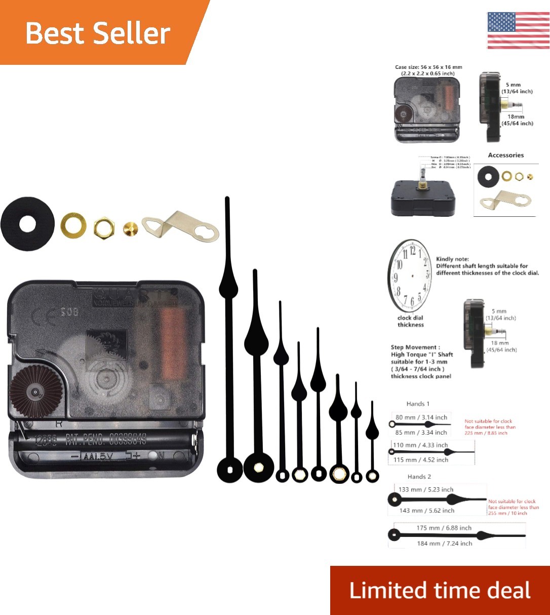 Wall Mount Quartz Clock Movement DIY Kit – Includes Hands and Hook Accessories