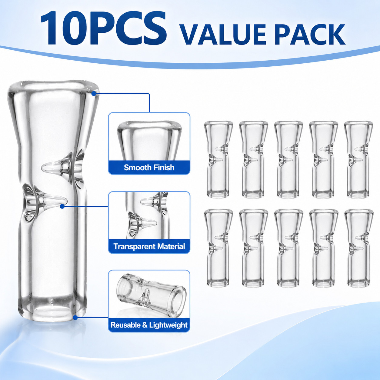 Medium Size Glass Filter Tips for Cigarettes 10PCS Clear Reusable Ø9mm 35mm Set