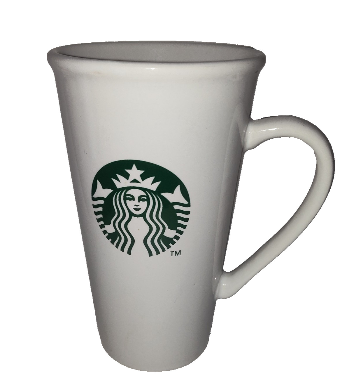 Starbucks 2012 White Ceramic Coffee Tea Latte Mug Tall Tapered Green Siren 16 oz