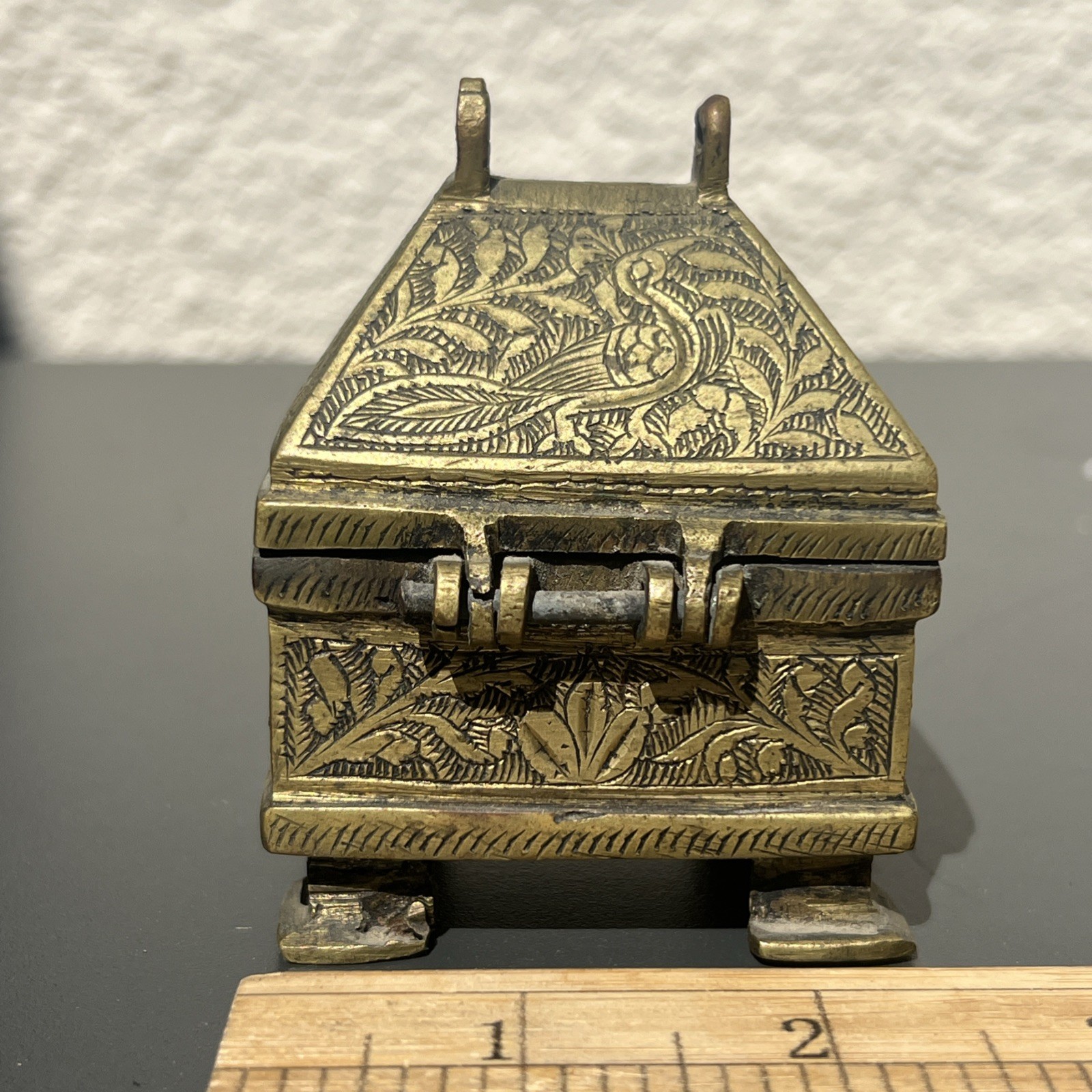 Antique Indian Brass Paan Daan Box Casket Peacock Betel Nut Box Odisha 2.5 x 2in