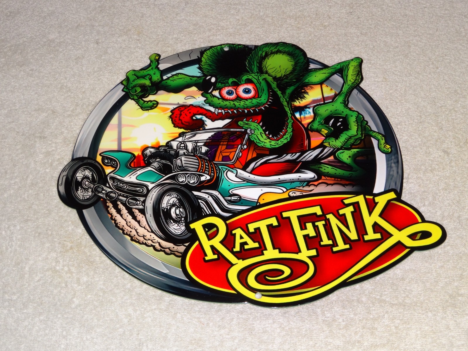 VINTAGE RATFINK DRIVES CUSTOM ROADSTER HOT ROD METAL GASOLINE OIL RAT FINK SIGN!
