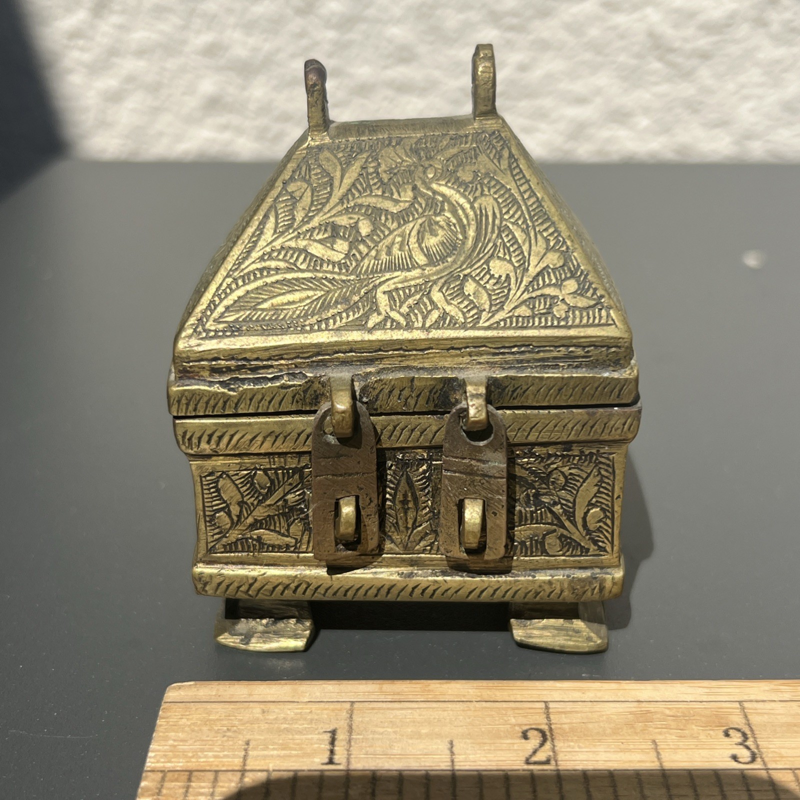 Antique Indian Brass Paan Daan Box Casket Peacock Betel Nut Box Odisha 2.5 x 2in