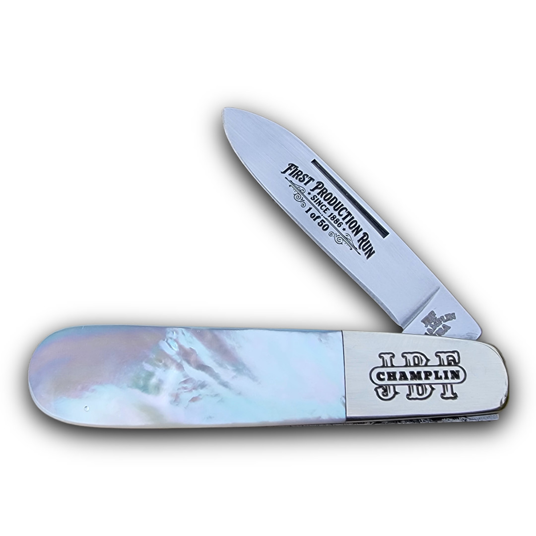 J.B.F. CHAMPLIN CUTLERY KNIVES USA 2026 PEARL TEARDROP BARLOW KNIFE 50 MADE