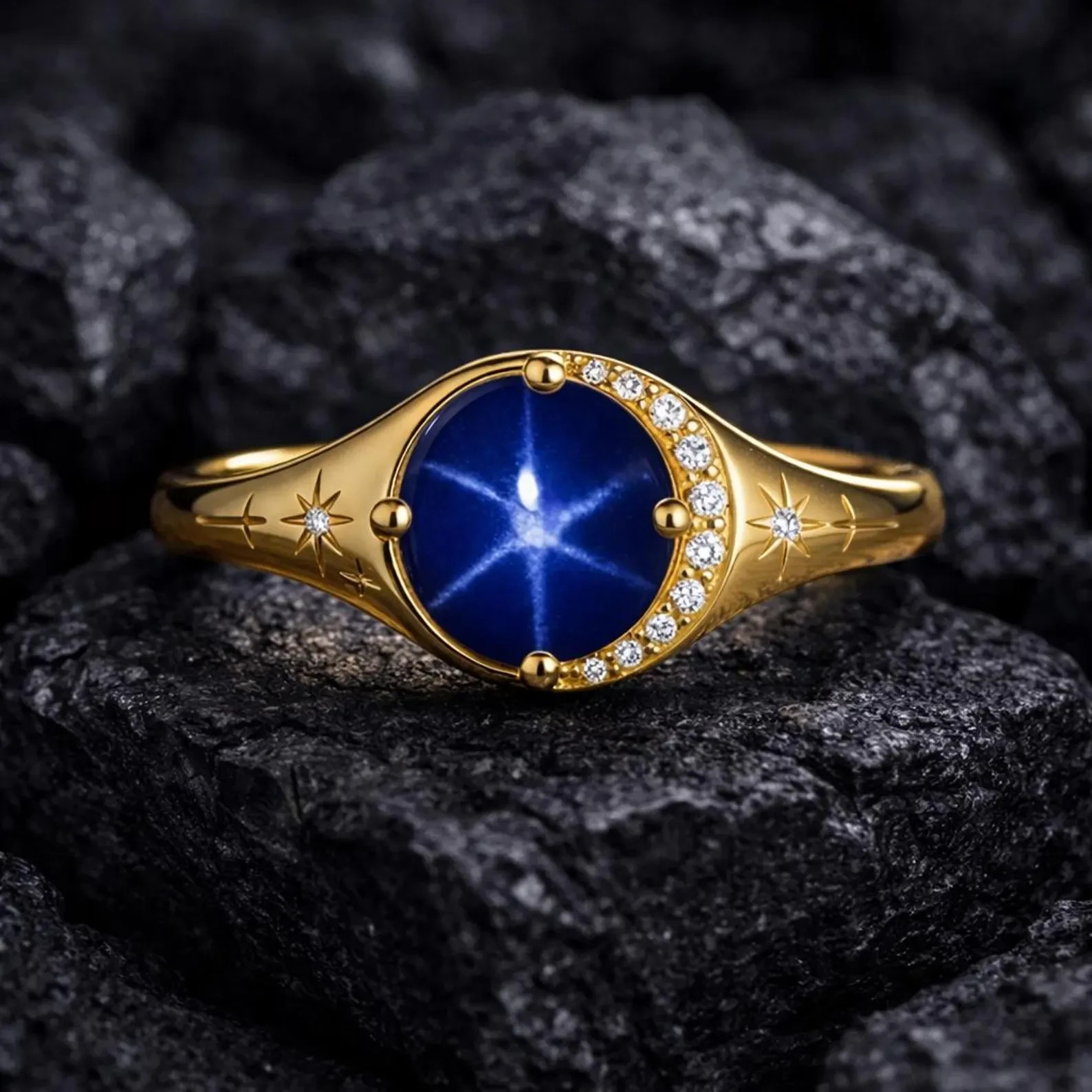 Estate Sapphire & Diamond 18K Yellow Gold Over Star Celestial Crescent Moon Ring