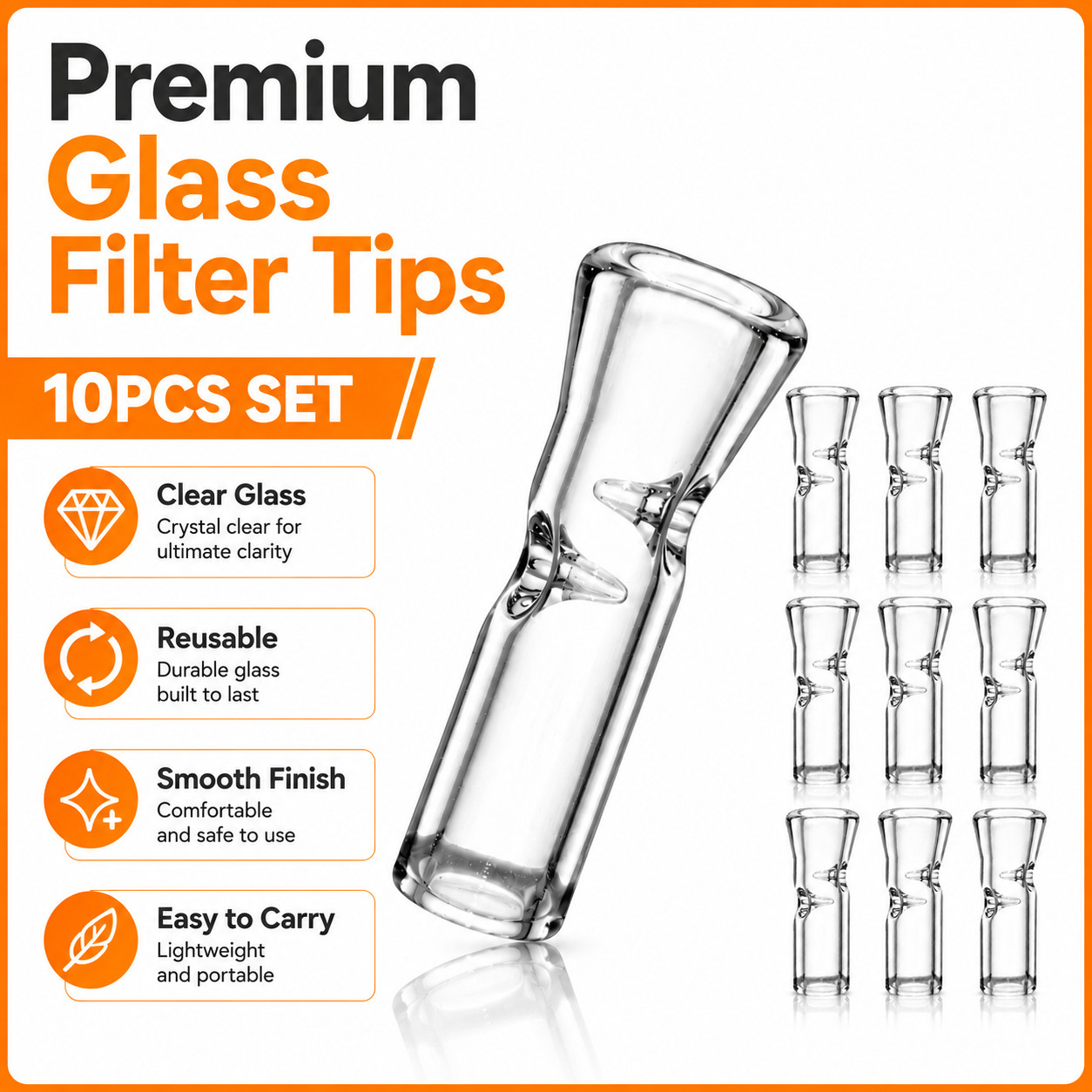 Medium Size Glass Filter Tips for Cigarettes 10PCS Transparent Ø9mm OD 35mm Pack